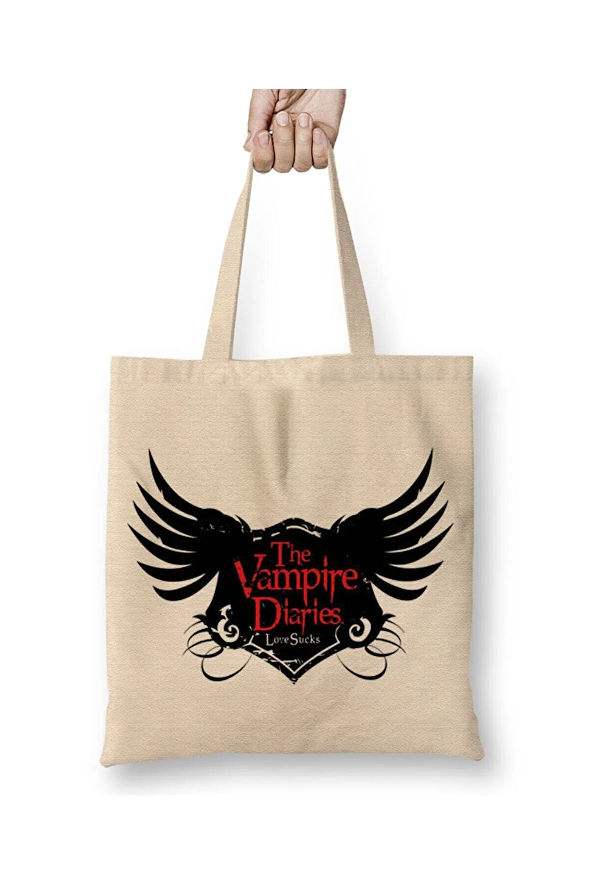 Vampire Diaries Beyaz Bez Çanta Uzun Saplı Alışveriş Çantası Plaj Çantası