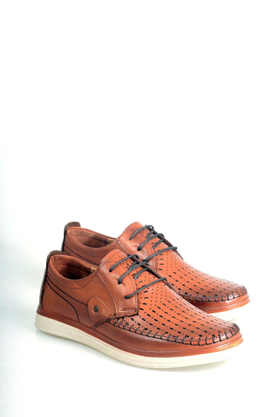 Kahverengi Hakiki Deri Lazer Baskılı Erkek Bağcıklı Klasik Ayakkabı