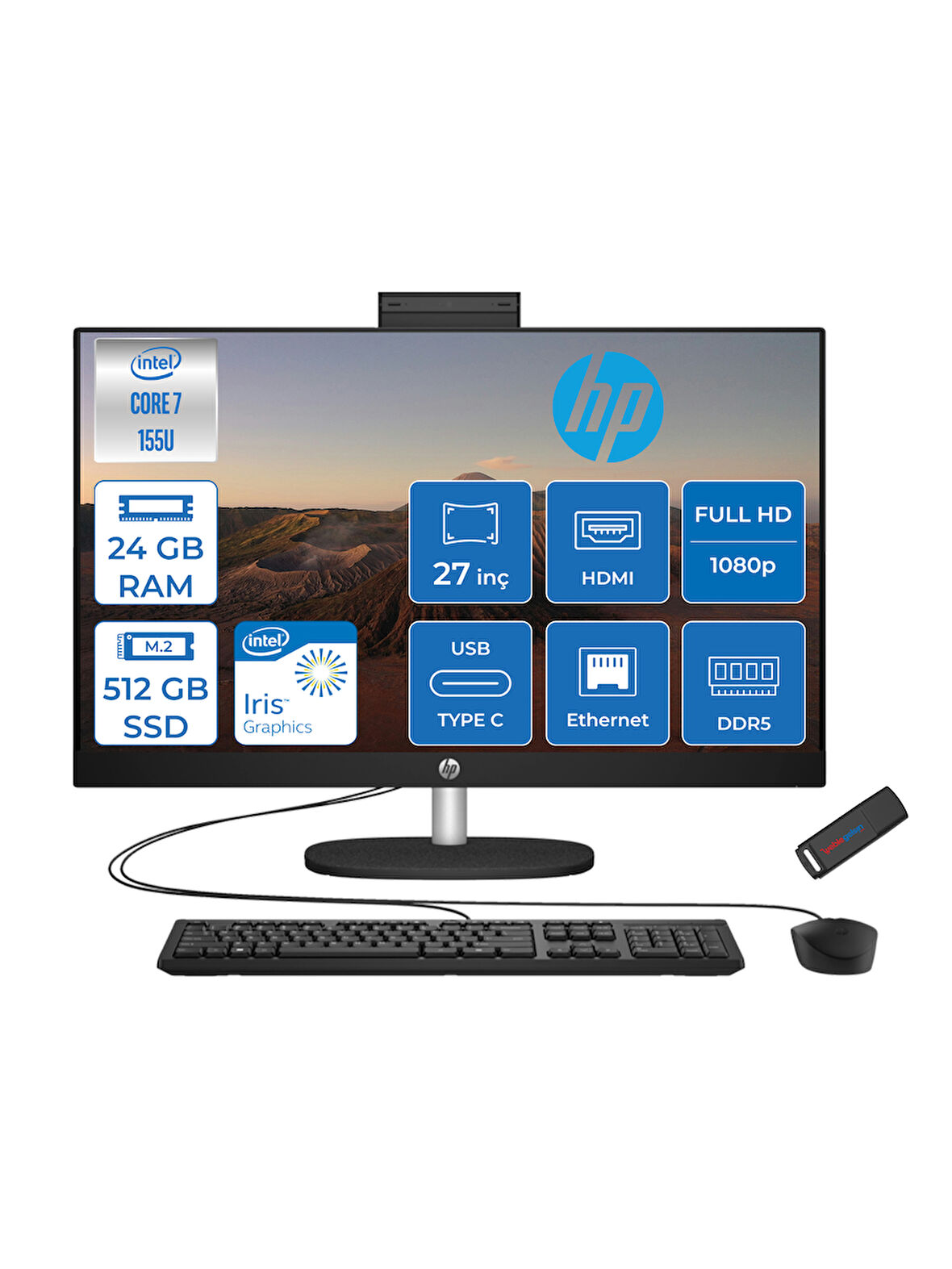 Hp 27-CR1013NT Intel Core Ultra 7 155U 24GB Ddr5 512GB SSD Freedos Intel® Aı Boost 27 Inç IPS Fullhd All In One Bilgisayar B88GNEAF05+ Zetta Flash Bellek