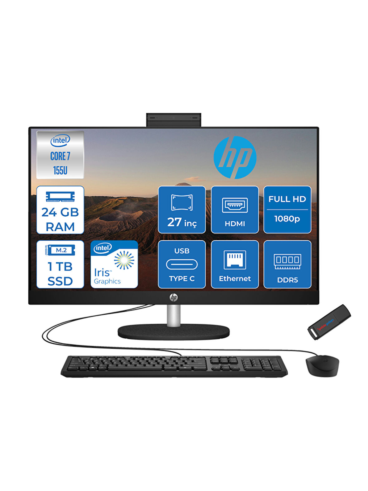 Hp 27-CR1013NT Intel Core Ultra 7 155U 24GB Ddr5 1tb SSD Freedos Intel® Aı Boost 27 Inç IPS Fullhd All In One Bilgisayar B88GNEAF06+ Zetta Flash Bellek