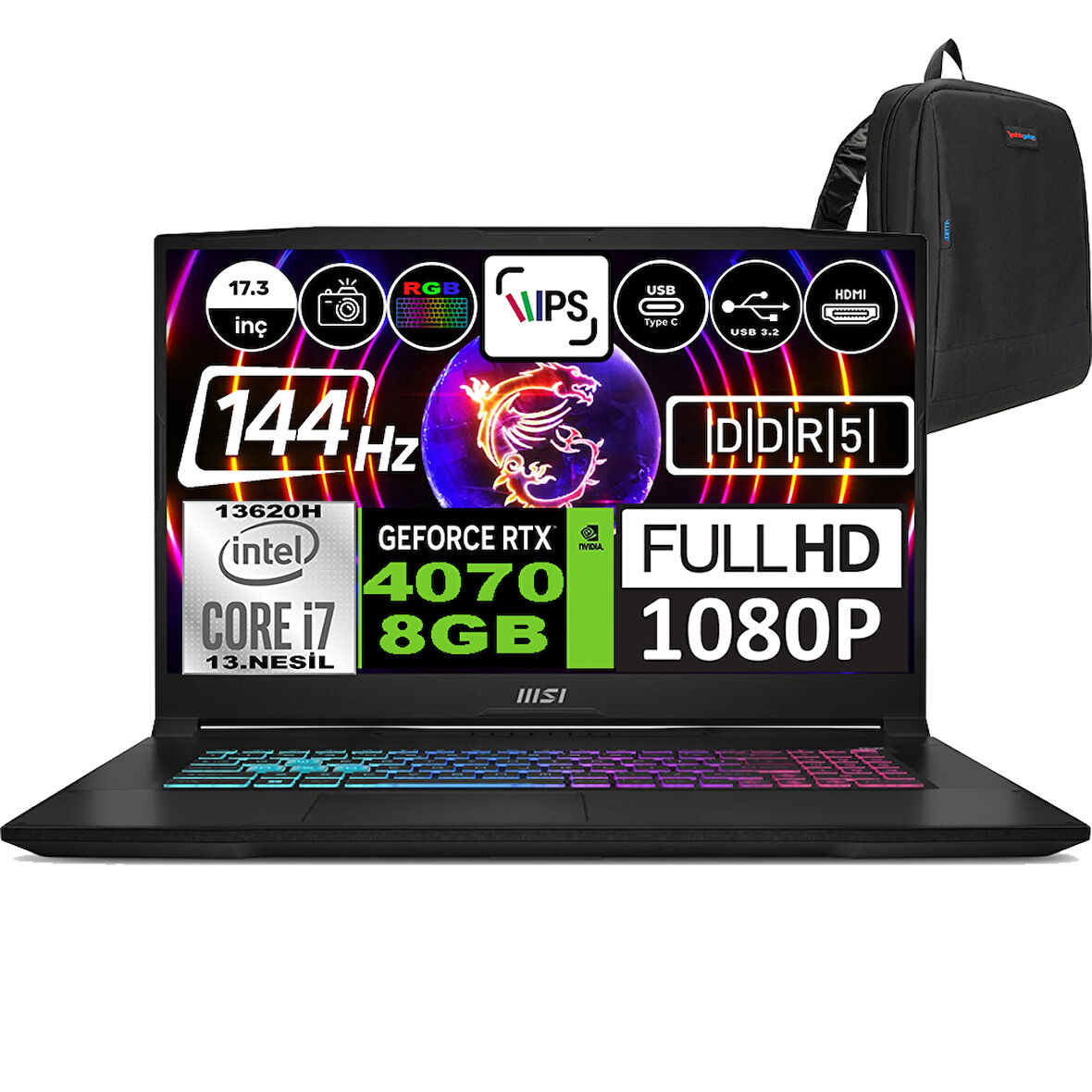 Msı Katana 17 Intel Core I7 13620H 96GB 1tb SSD RTX4070(105W) 8gb Freedos 17.3" Fhd 144Hz Taşınabilir Bilgisayar B13VFK1030XTRWF14 + Zetta Çanta