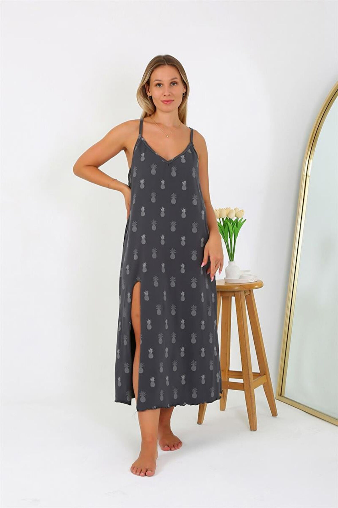 Celira Kadın Büyük Beden İp Askılı Uzun Gecelik NS12112