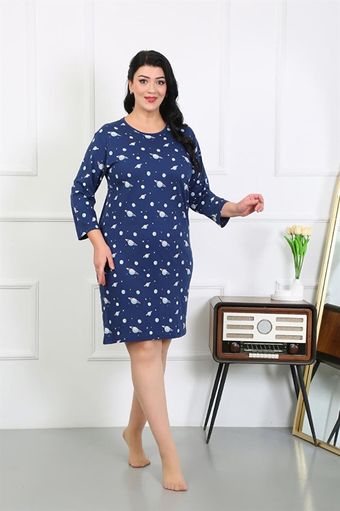 Celira Kadın Büyük Beden Penye Gecelik Ev Elbisesi Lacivert