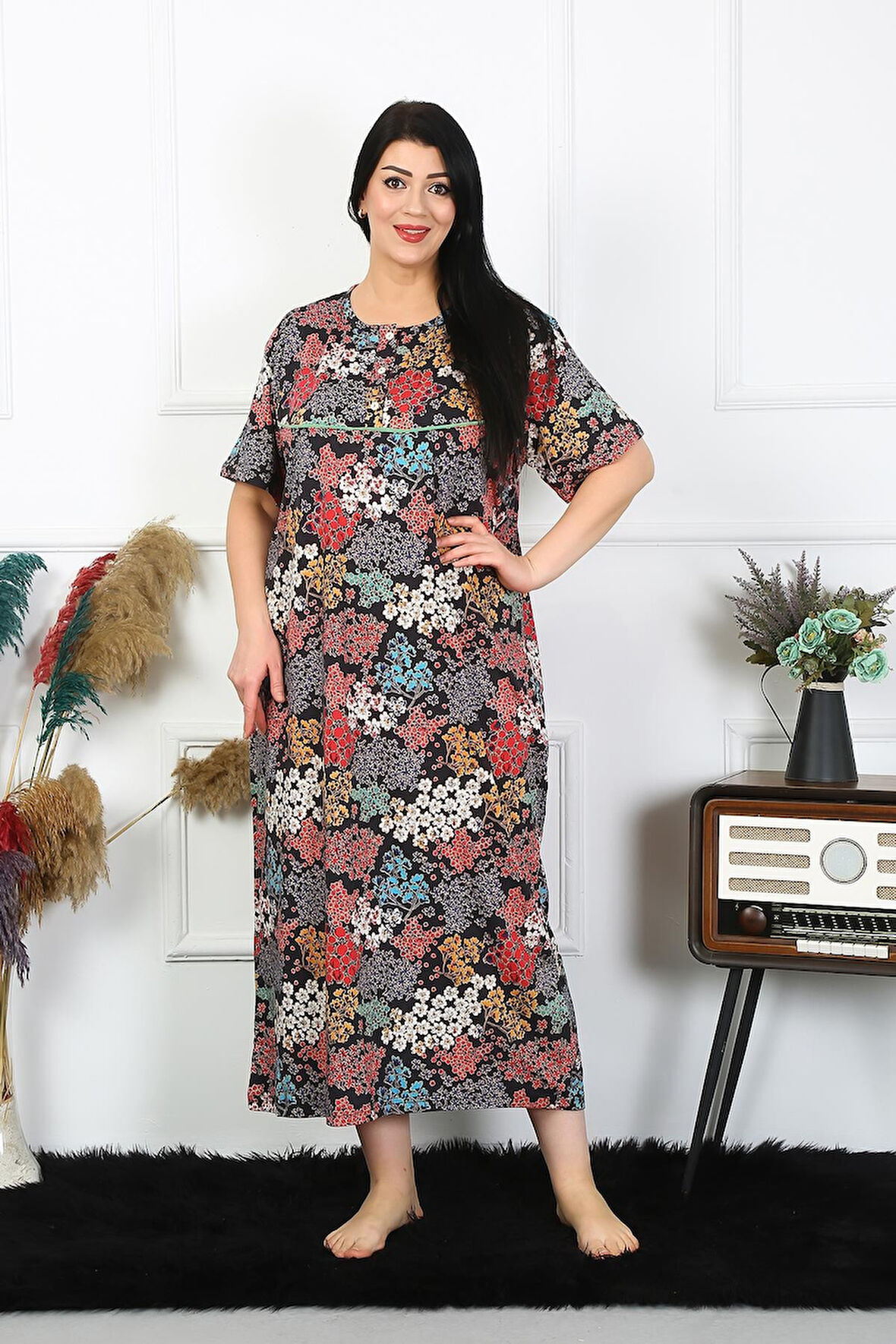 Celira Kadın Büyük Beden Kısa Kol Siyah Anne Gecelik NSL1373