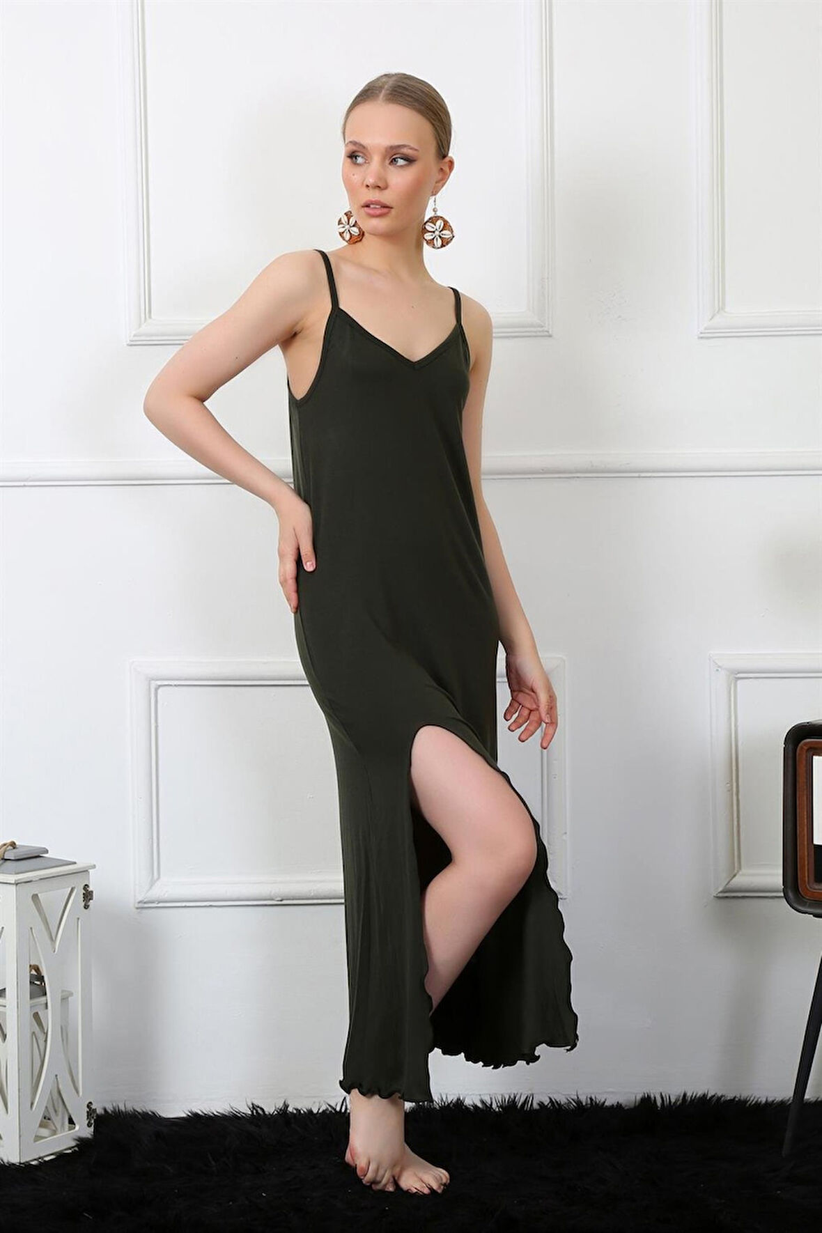 Celira Kadın İp Askılı Haki Uzun Gecelik