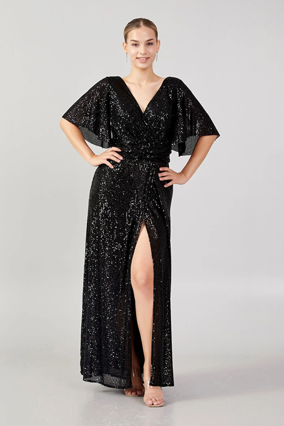 Doridorca Kadın Büyük Beden V Yaka Pul Payet Maxi Abiye Elbise 5041 Siyah