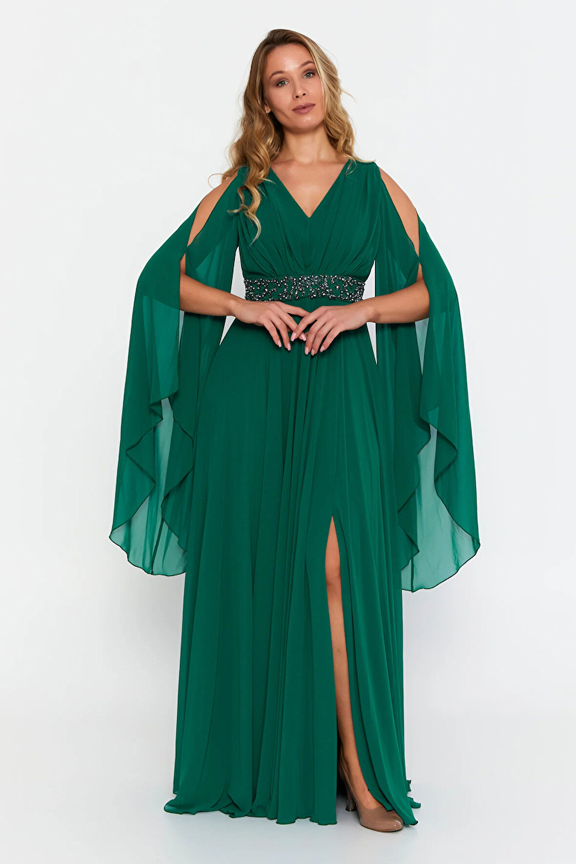 Doridorca Kadın Büyük Beden V Yaka Maxi Abiye Elbise 6021 Zümrüt