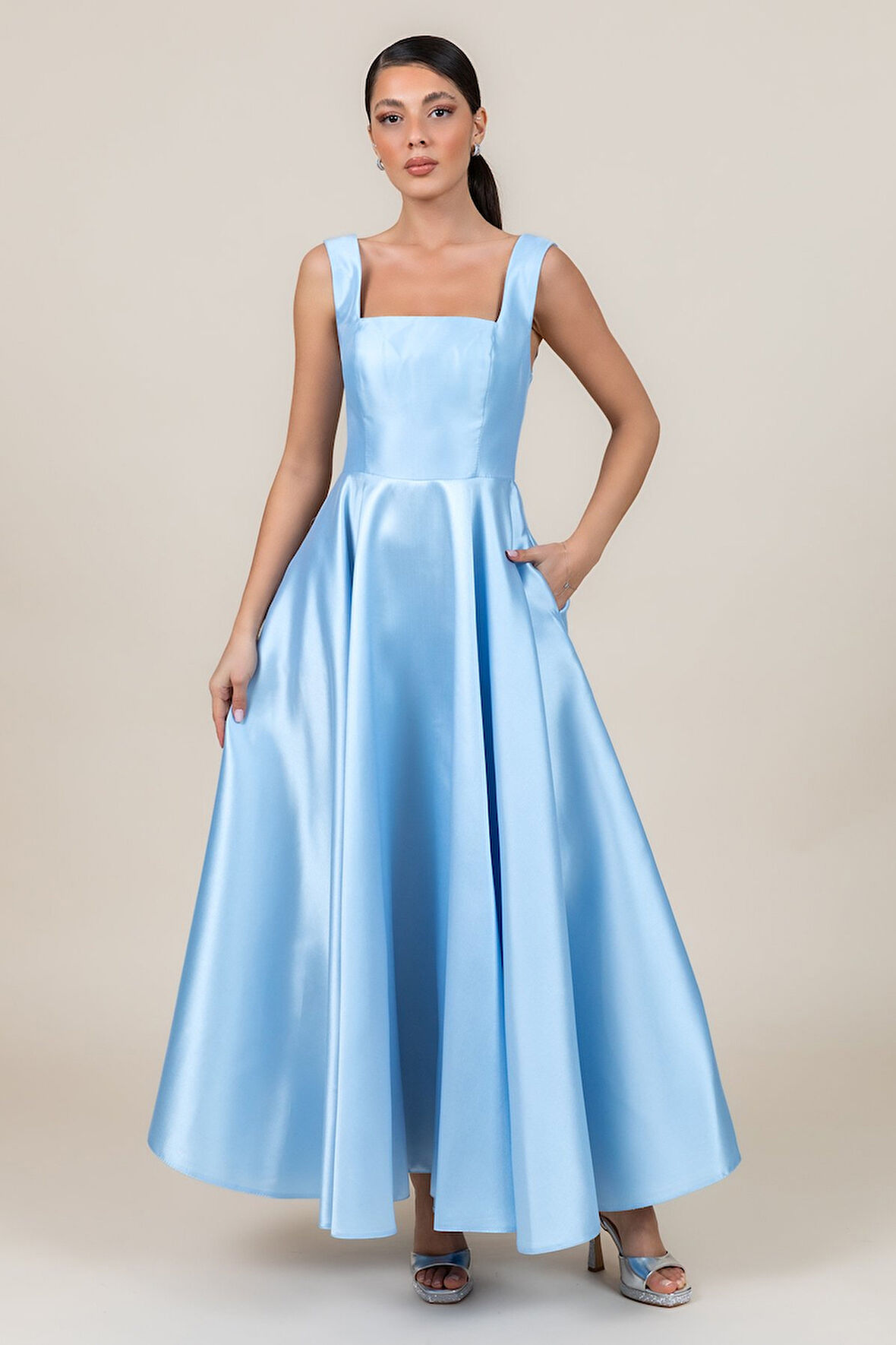 Doridorca Kadın Kare Yaka Kalın Askılı Bilek Boy Saten Abiye Elbise 6098 Bebe Mavisi