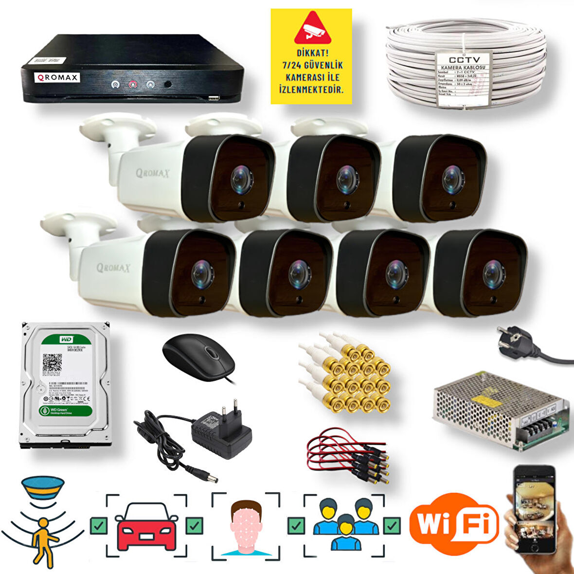 7 Kameralı Set - Araç İnsan Yüz Hareket Algılayan 36 IR Led 5MP Sony Lensli 1080P Metal Kasa Güvenlik Kamerası Seti 5236-1