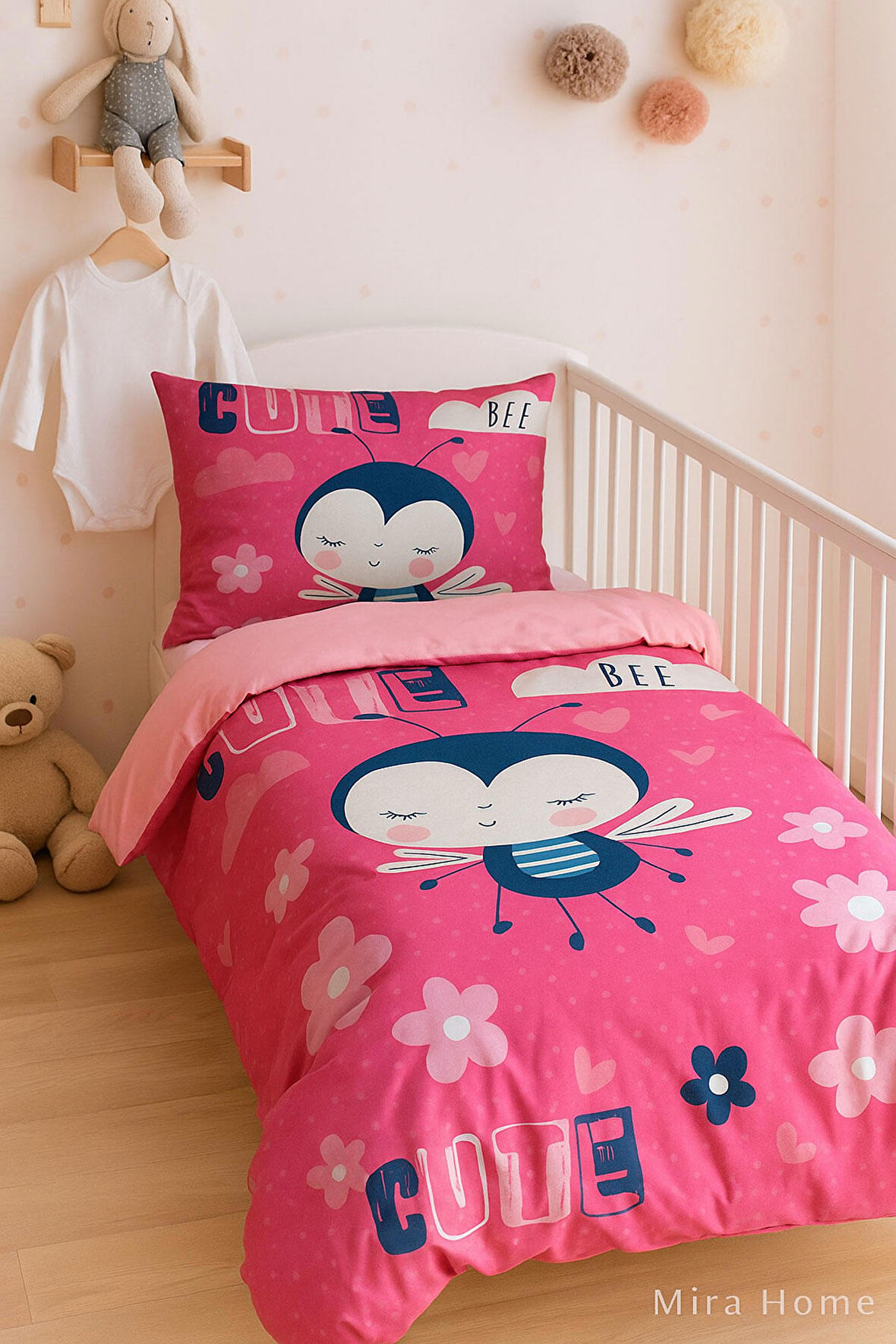 Dijital Baskılı 3d Pamuklu Yenidoğan Bebek Nevresim Takımı Cute Bee Pink