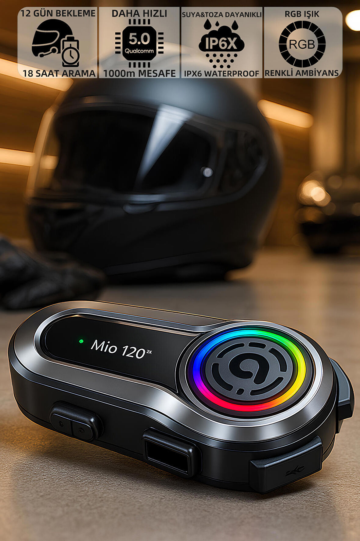 Mioji Mio 120 2x RGB 1000mAh IPX6 1500m 2 Kişilik Kask Intercom Motosiklet Bluetooth Kulaklık - Siyah