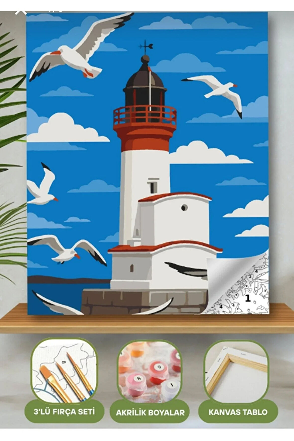 Sayılarla Boyama Seti 40x50 Cm (Çıtalı) Fırça Boya Dahil Numaralı Tuval Fener Bulut Manzara