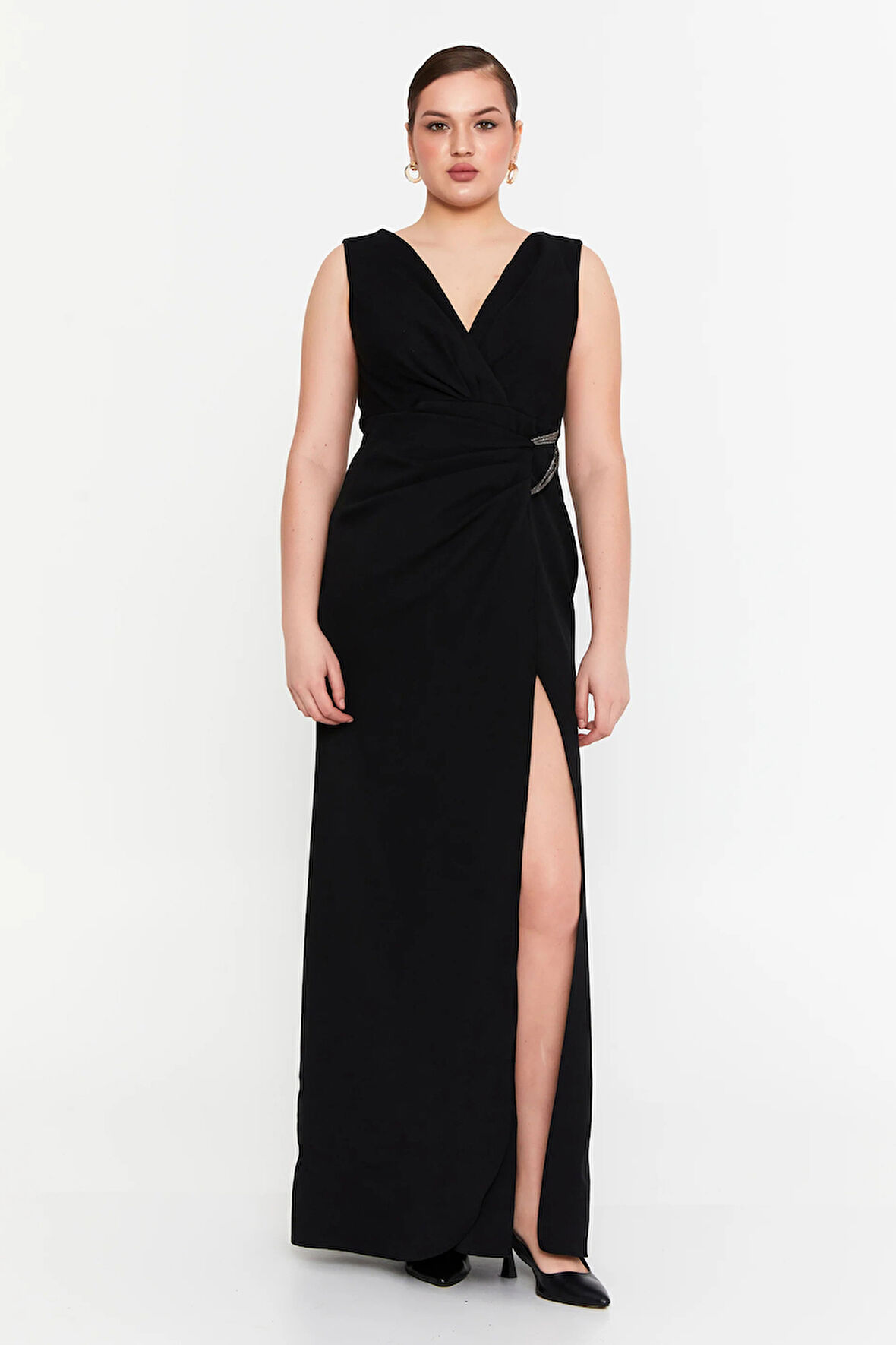 Doridorca Kadın Krep Kumaş Drapeli V Yaka Maxi Abiye Elbise 7057 Siyah