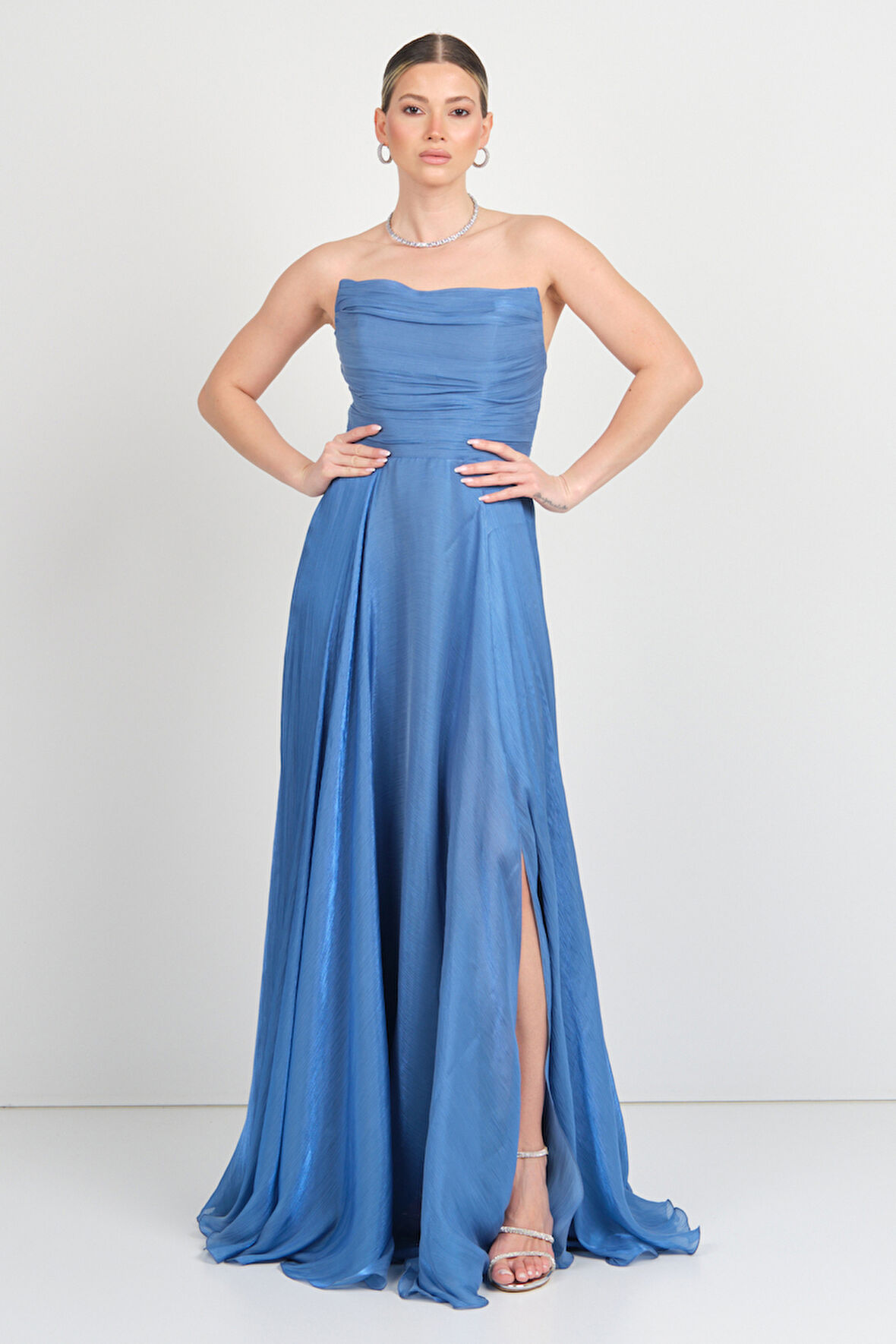 Doridorca Kadın Straplez Şifon Maxi Boy Abiye Elbise 7066 Indigo