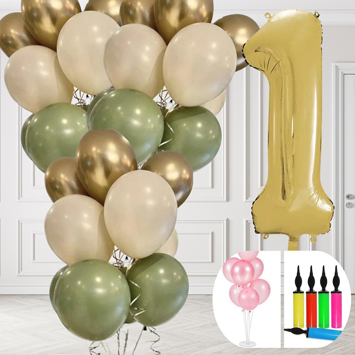 1 Yaş Balon Standlı Ve Pompalı Retro Küf Yeşili Krom Gold Kum Beji Balon Seti Gold Rakam Süsleme