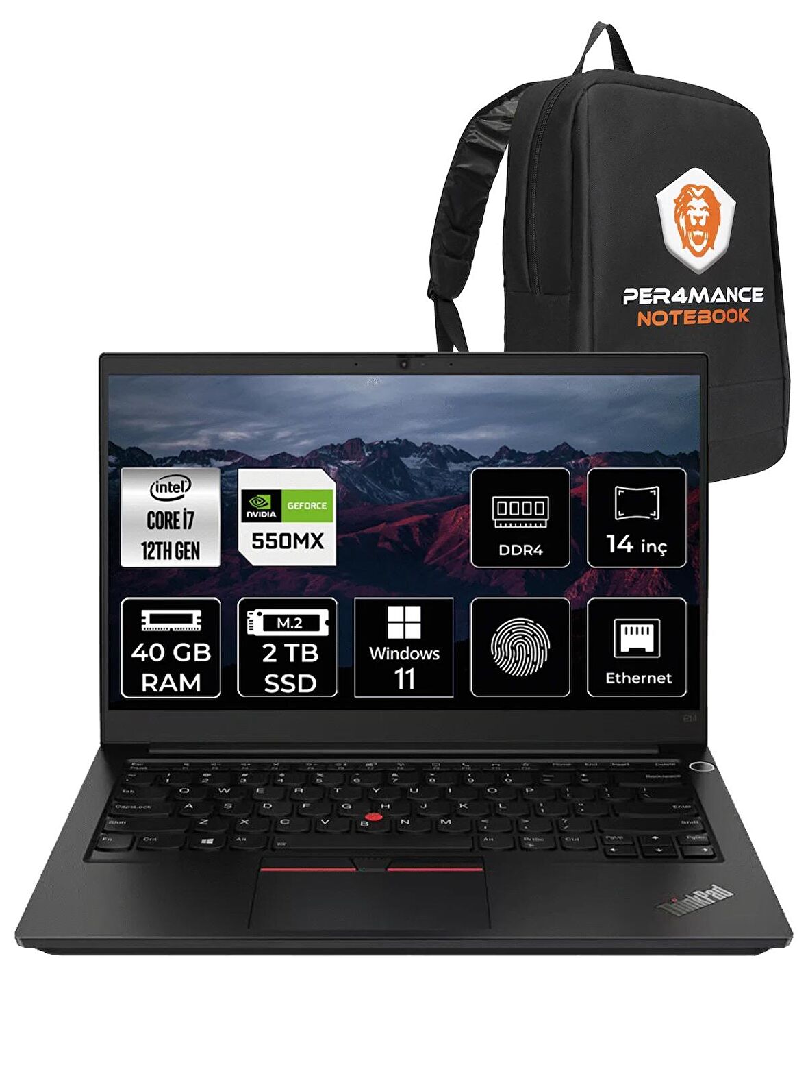 Lenovo Thinkpad E14 G4 i7-1255U 40GB 2TB SSD MX550 W11H 14" FHD 21E30061TX & PER4 ÇANTA