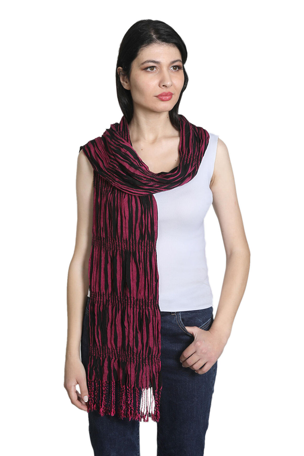 Fuşya ve Siyah Renkli %100 Paşmina Desenli Şal Fular