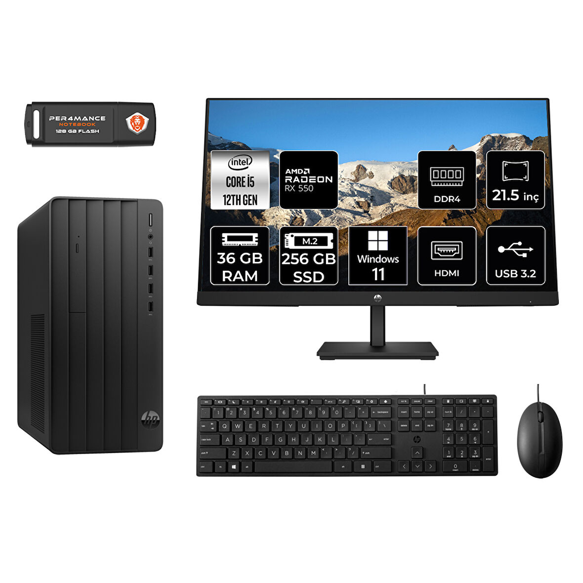 HP PRO TOWER 290 G9 MA5EAD281 i5 12500 36GB RAM 256GB SSD RX550 4GB 21.5" W11P MASAÜSTÜ PC