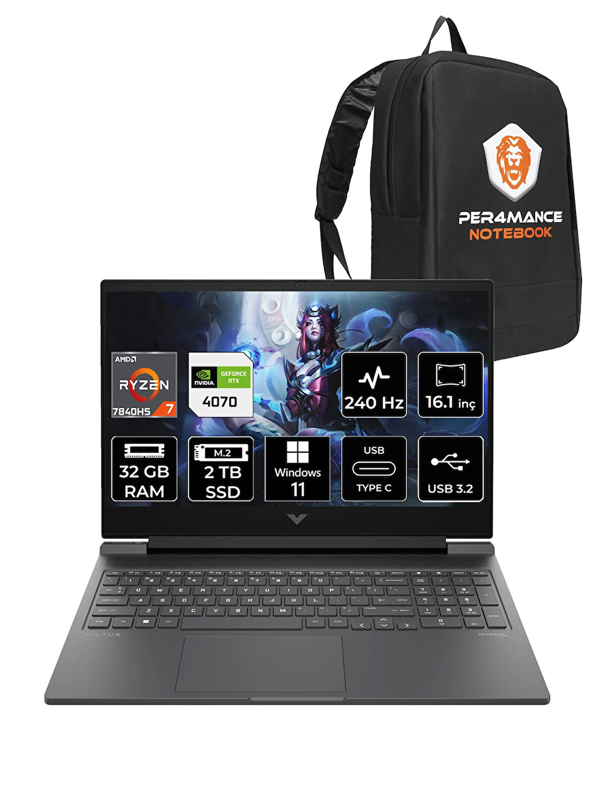 HP Victus 16 R7 7840HS 32GB 2TB SSD RTX4070/8GB 240Hz QHD 16.1'' W11P Gaming Laptop & PER4 ÇANTA