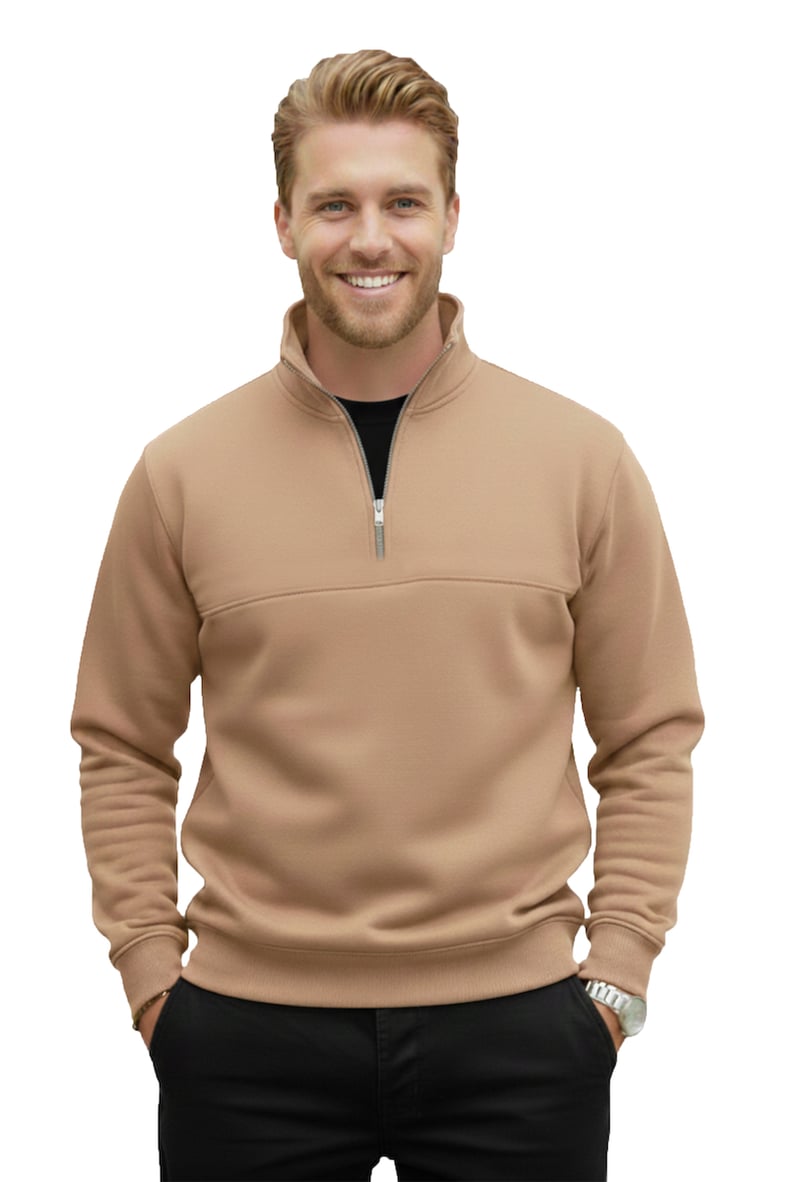 RizzUP Erkek Camel Relax Fit İçi Polarlı %100 Pamuk Yarım Fermuarlı Dik Yaka Sweatshirt 2600760