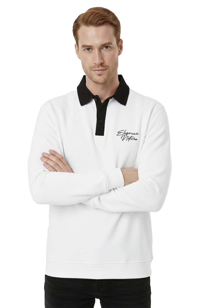 RizzUP Erkek Beyaz Relax Fit İçi Polarlı Polo Yaka Sweatshirt – Pamuklu Kalın Sweatshirt 2600762