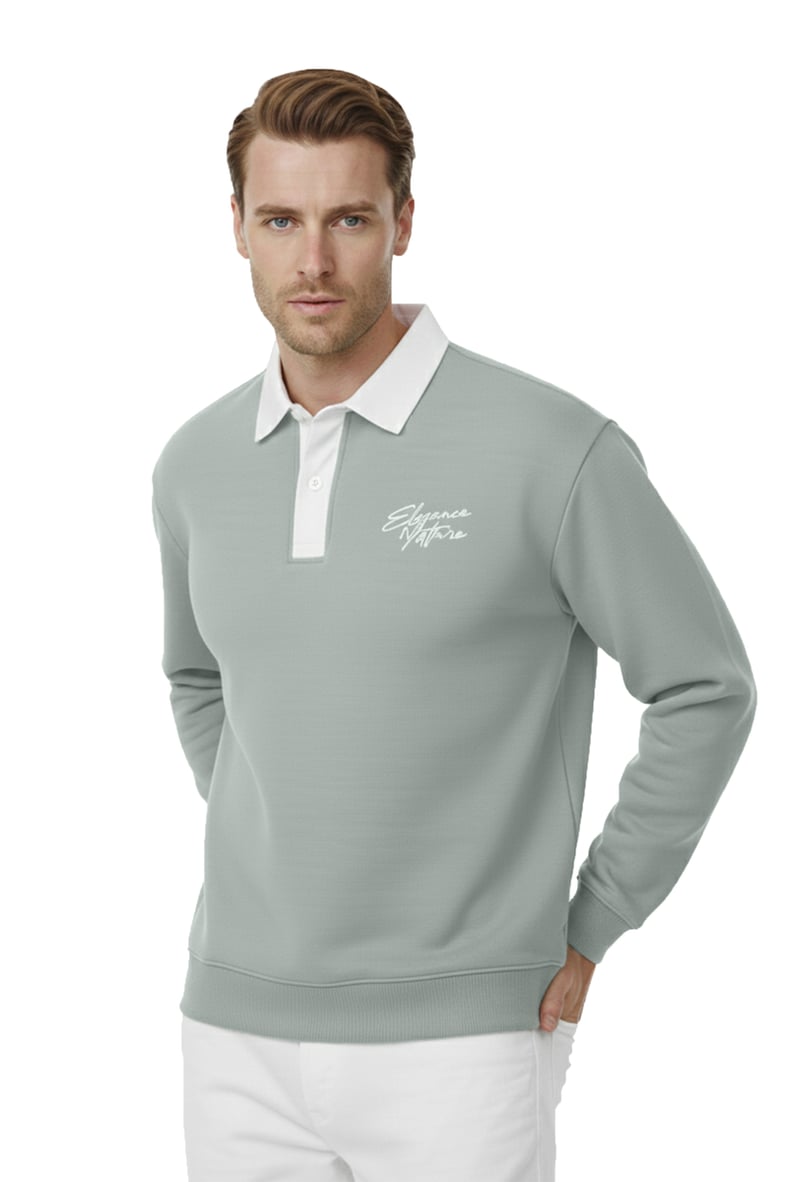 RizzUP Erkek Mint Yeşili Relax Fit İçi Polarlı Polo Yaka Sweatshirt – Pamuklu Kalın Sweatshirt 2600762