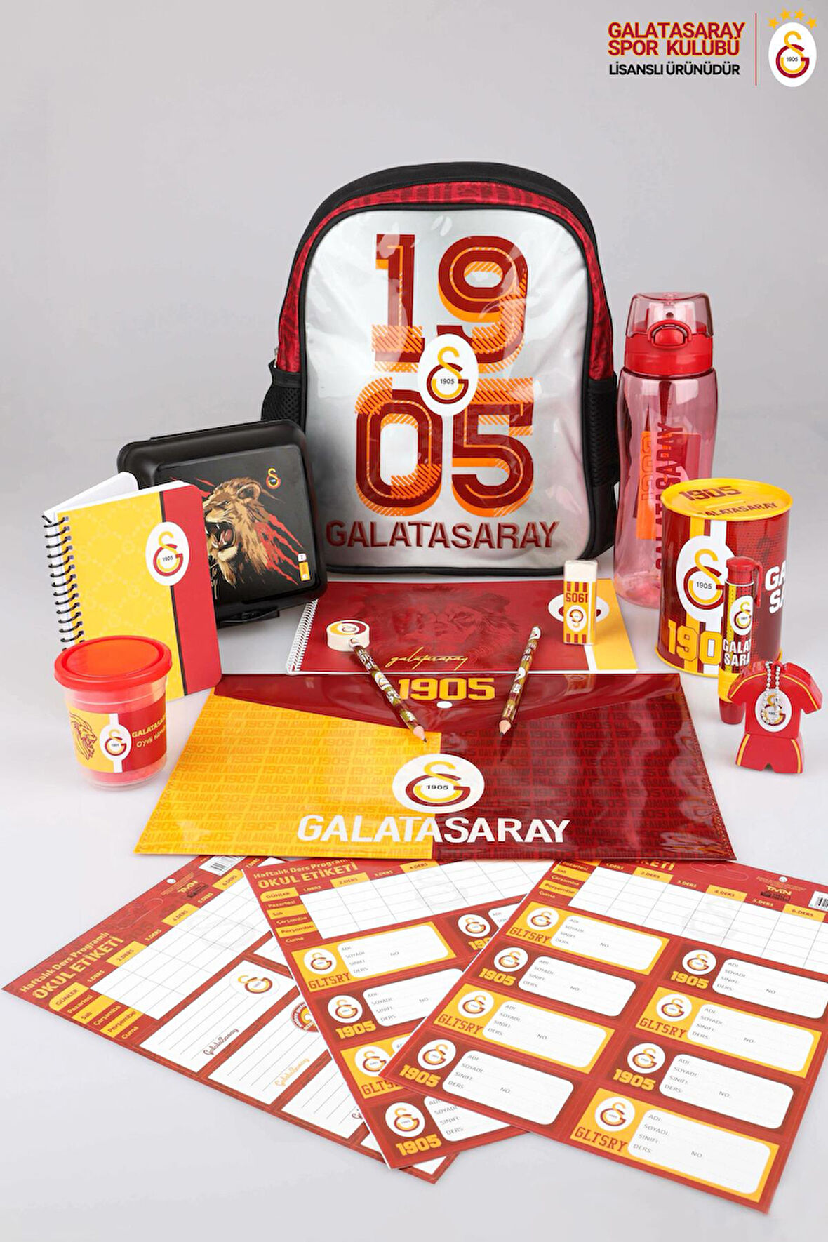 DEKOMUS İLE LİSANSLI GALATASARAY KÜÇÜK BOY 32x25 CM ANAOKUL ÇANTASI,700 ML MATARA VE BESLENME KABI KIRTASİYE SETİ