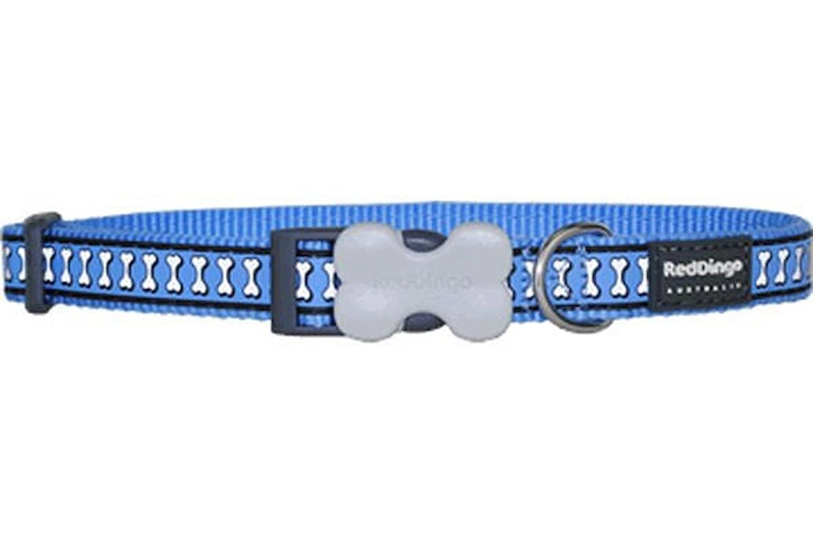 Red Dingo Reflektörlü Kemik Desenli Mavi Boyun Tasması 15mm - KONG