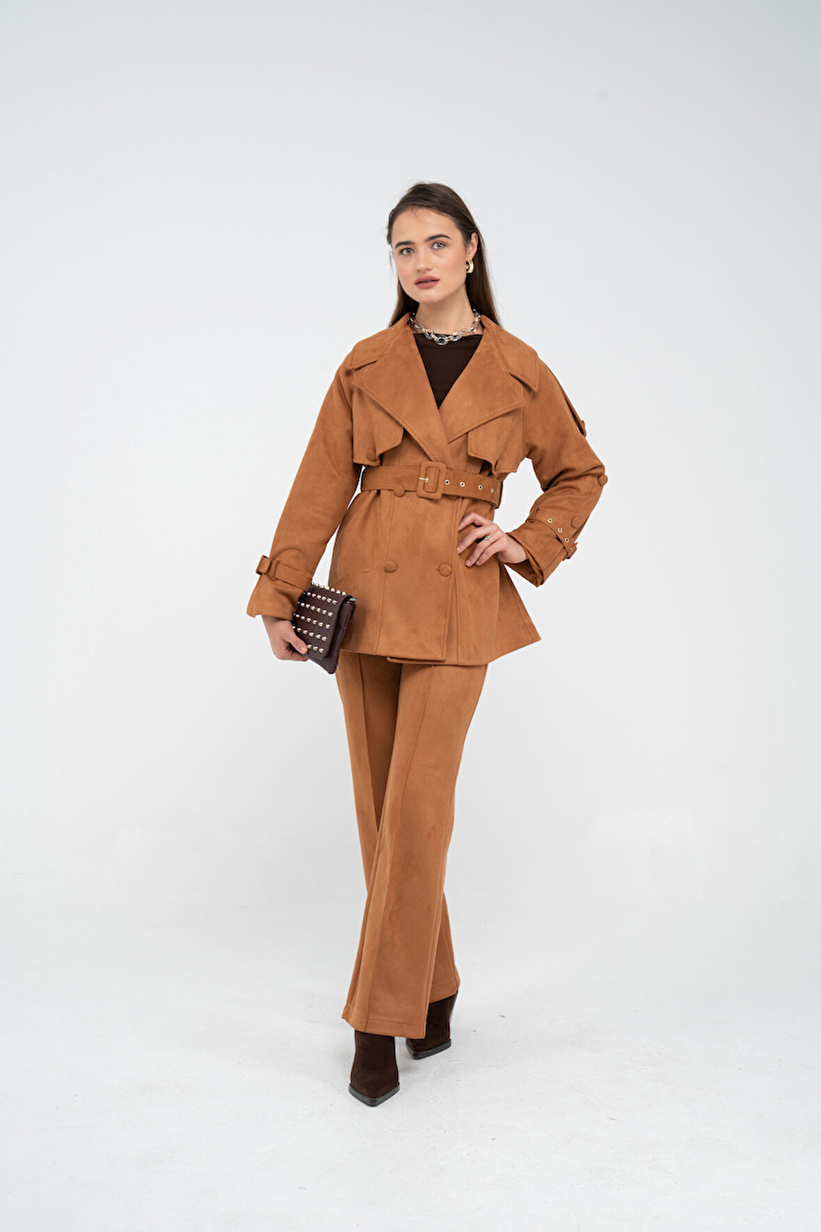 Kuşaklı Çift Düğmeli Süet Dokulu Kadın Takım 1761