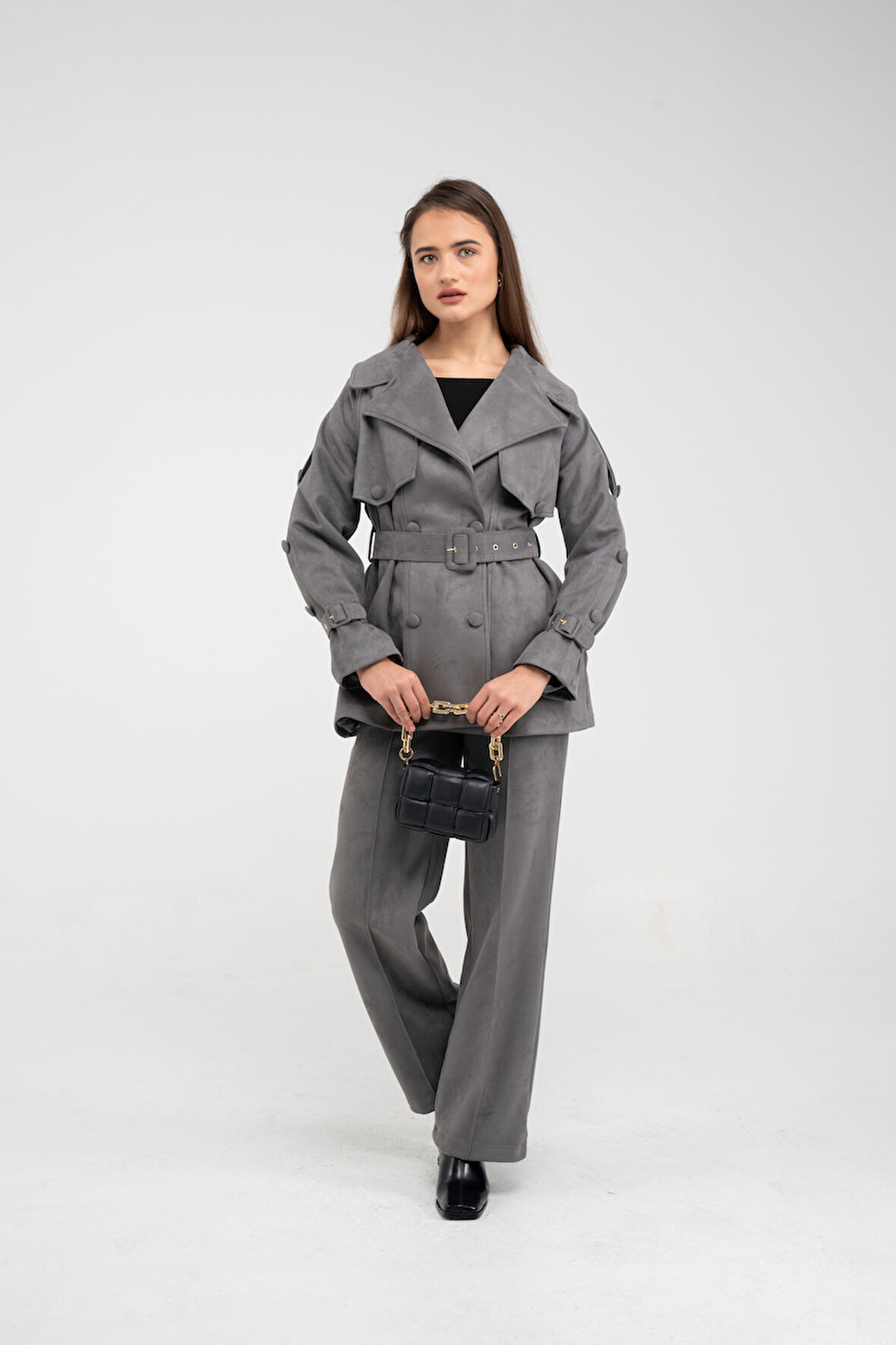 Kuşaklı Çift Düğmeli Süet Dokulu Kadın Takım 1761