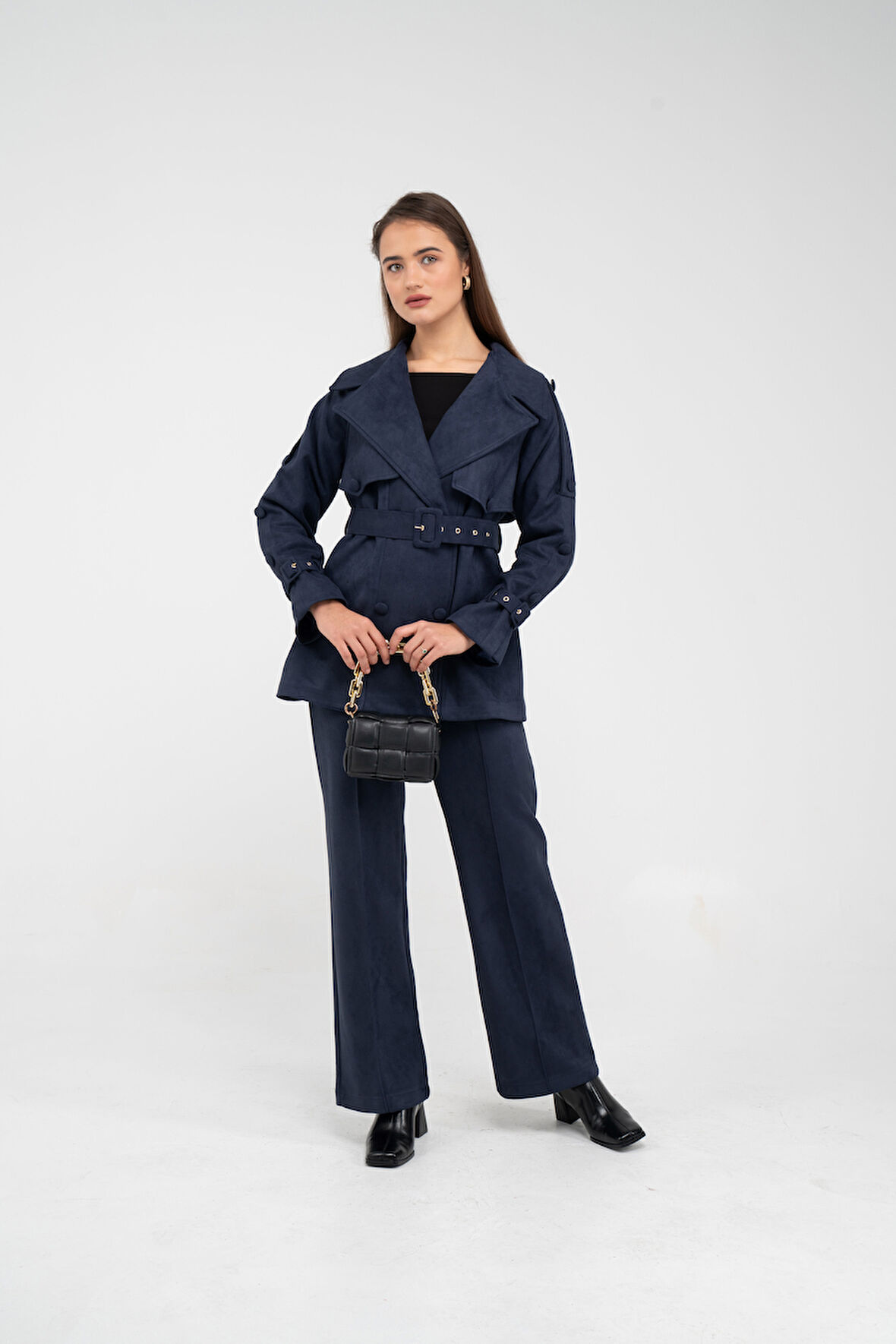 Kuşaklı Çift Düğmeli Süet Dokulu Kadın Takım 1761