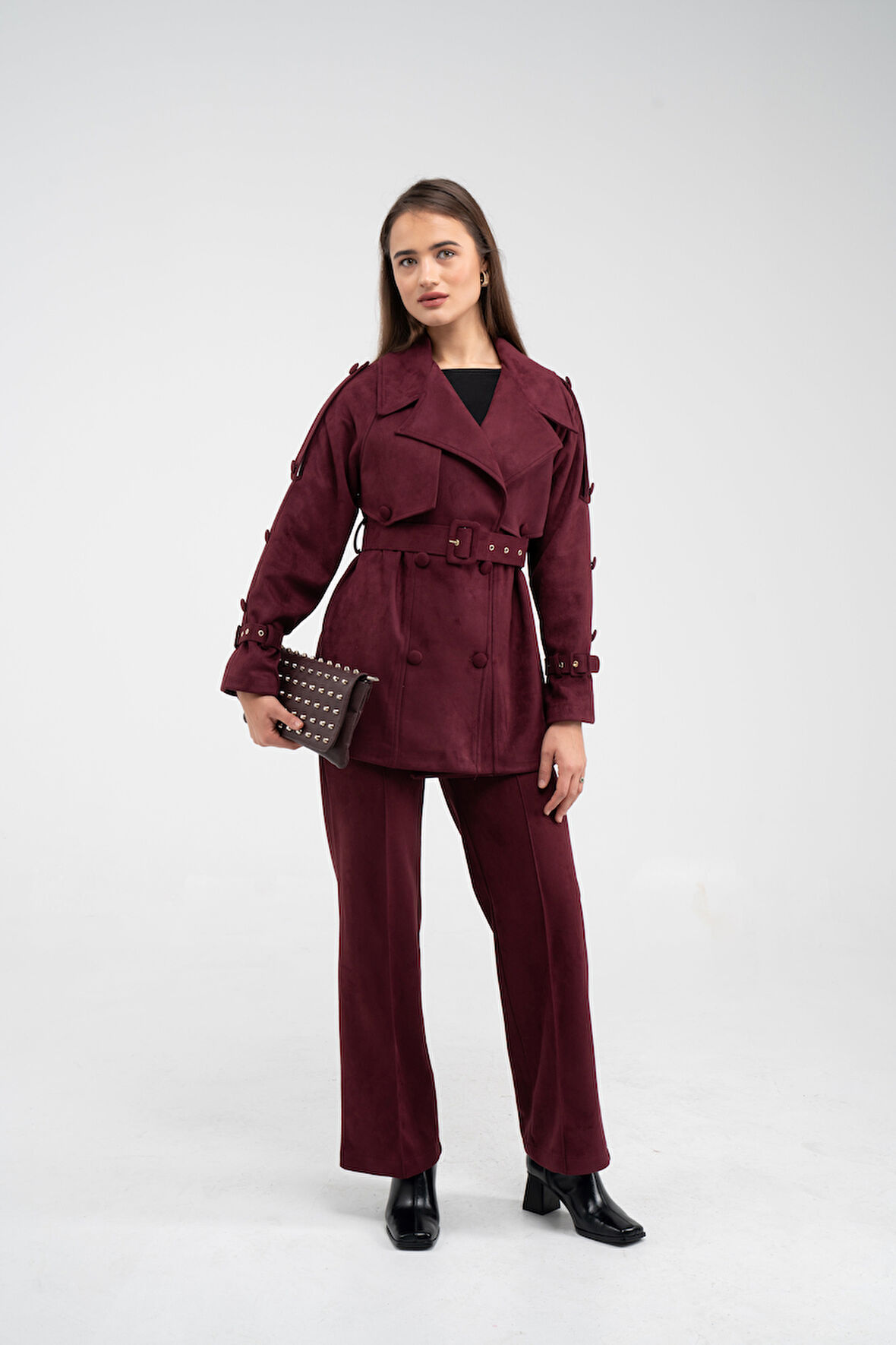 Kuşaklı Çift Düğmeli Süet Dokulu Kadın Takım 1761