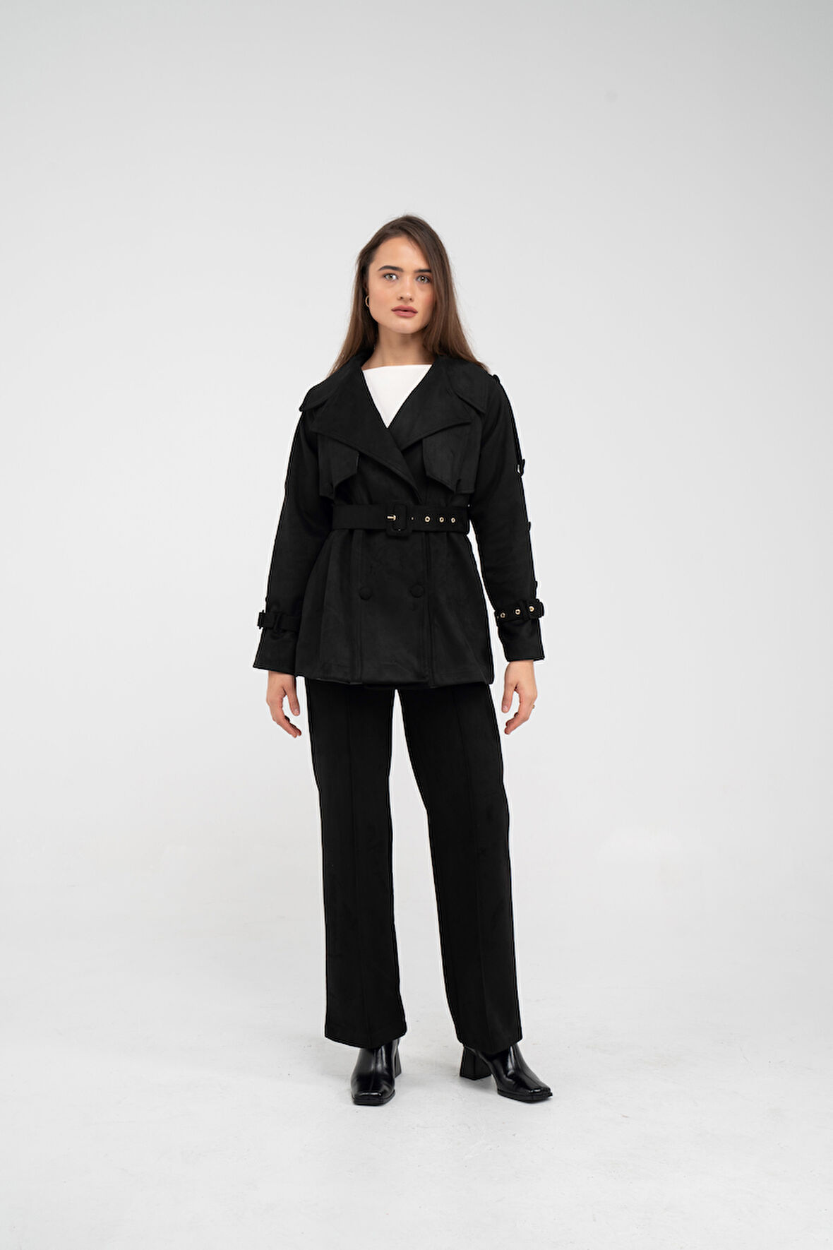 Kuşaklı Çift Düğmeli Süet Dokulu Kadın Takım 1761