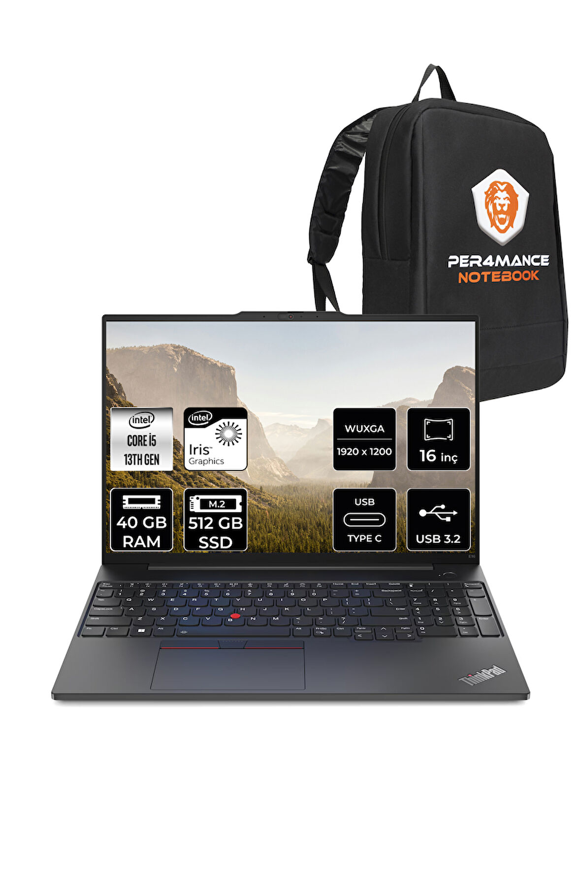 Lenovo ThinkPad E16 G1 i5 1335U 40GB 512GB SSD WUXGA 16'' FDOS Dizüstü Bilgisayar & PER4 ÇANTA