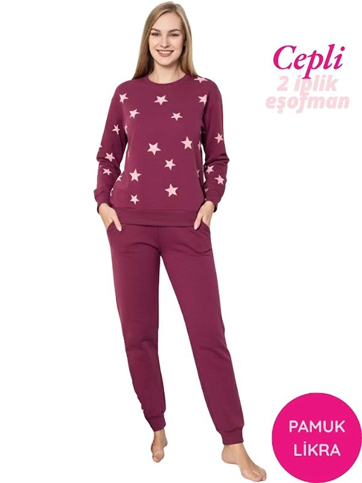 Kadın Yıldız Bisiklet Yaka Düğmesiz Bilek Manşetli 2 İplik Cepli Kışlık Jogger Eşofman Pijama Takımı