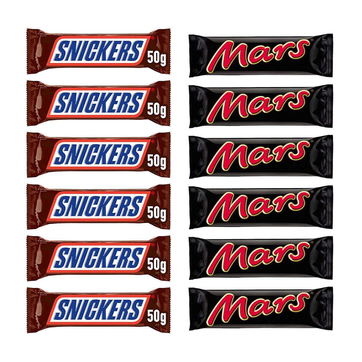 Snickers Yer Fıstıklı Bar 50 gr x 6 Adet + Mars 51 gr Karamelli Bar x 6 Adet