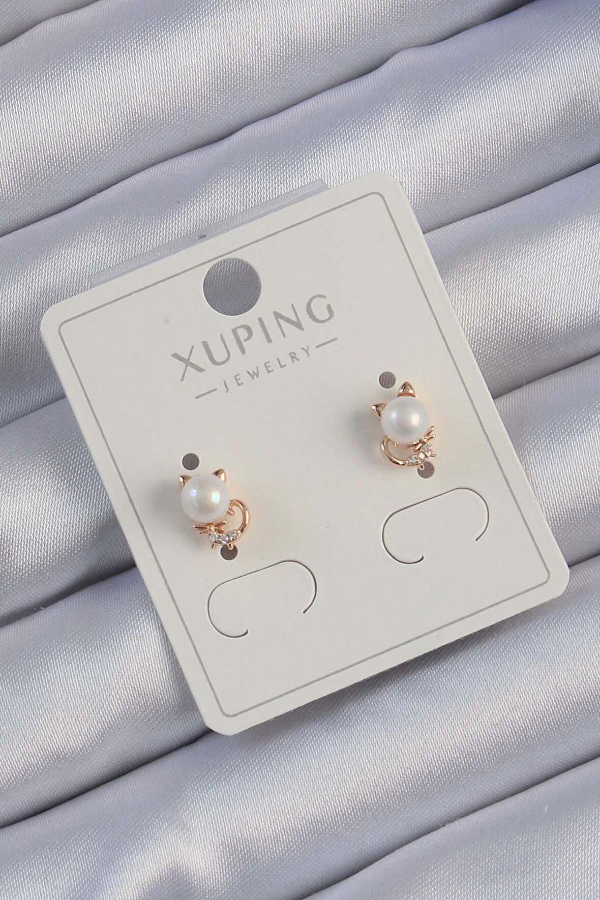 Xuping Rose Renk Zirkon Taşlı İncili Kedi Küpe