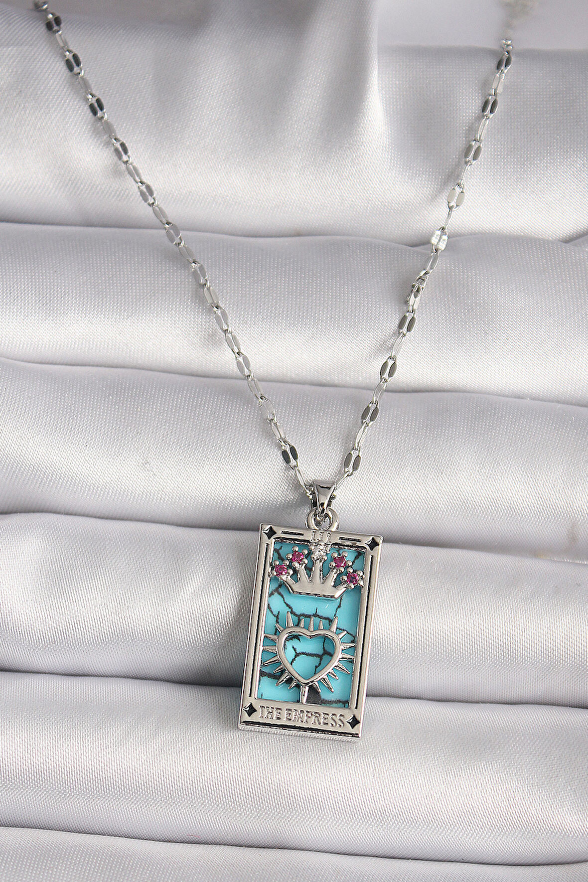 316L Çelik Gümüş Renk Pembe Zirkon Taşlı Taç Kalp Portre Model Kadın Kole