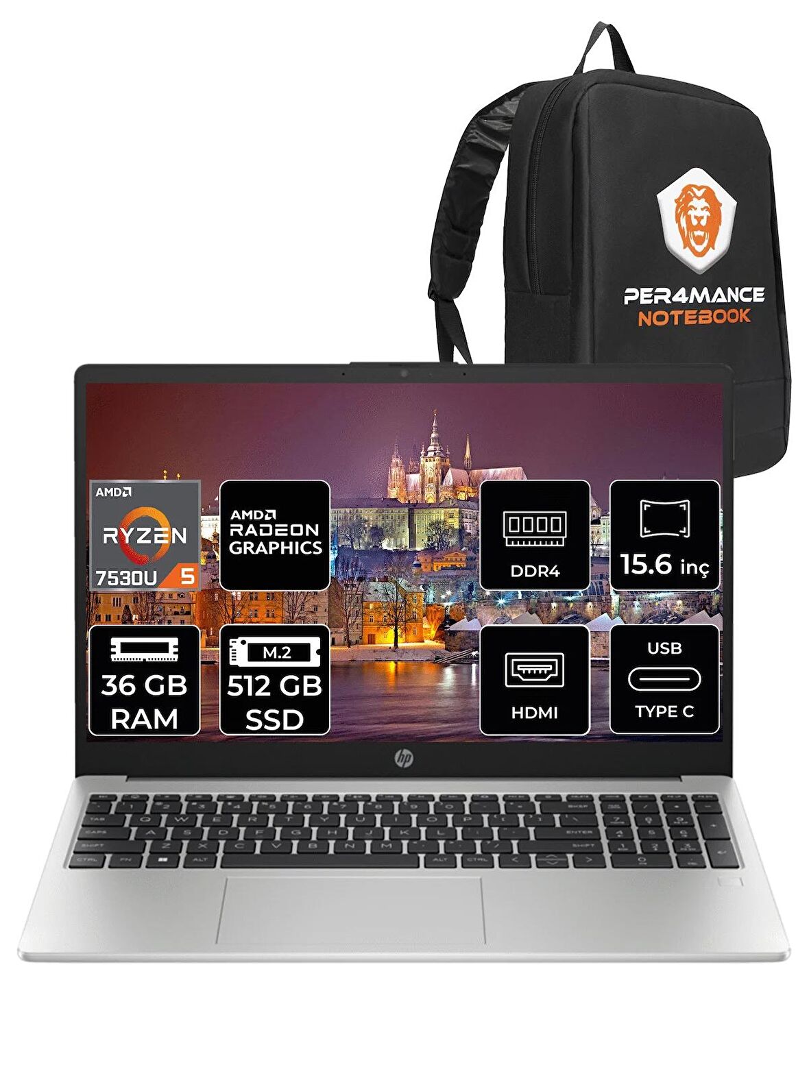 HP 255 G10 Ryzen 5 7530U 36GB RAM 512GB SSD 15.6'' FHD FDOS 8A547EA & PER4 ÇANTA