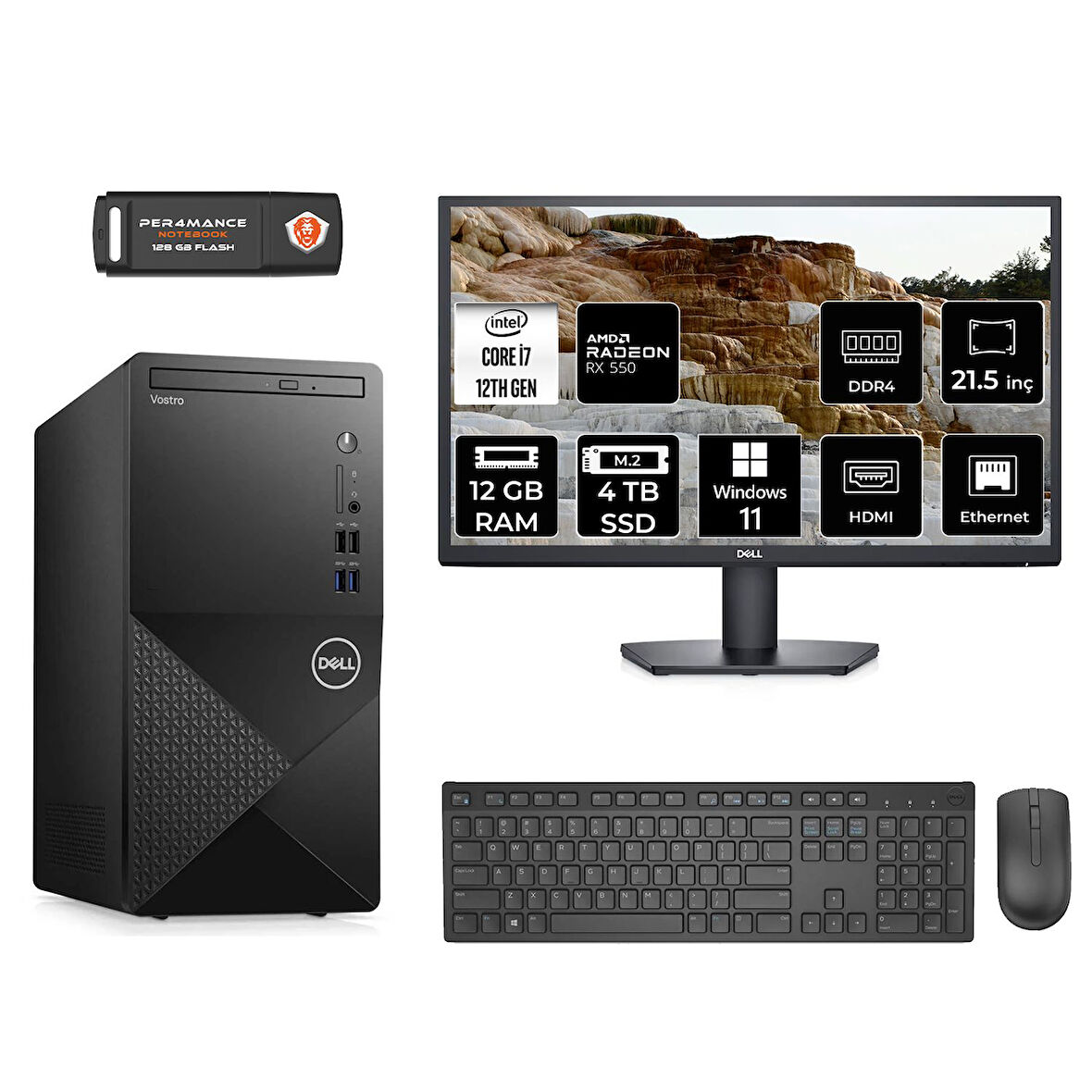 DELL VOSTRO 3910 MN75983910D210 i7 12700 12GB RAM 4TB SSD RX550 4GB 21.5" W11H MASAÜSTÜ PC