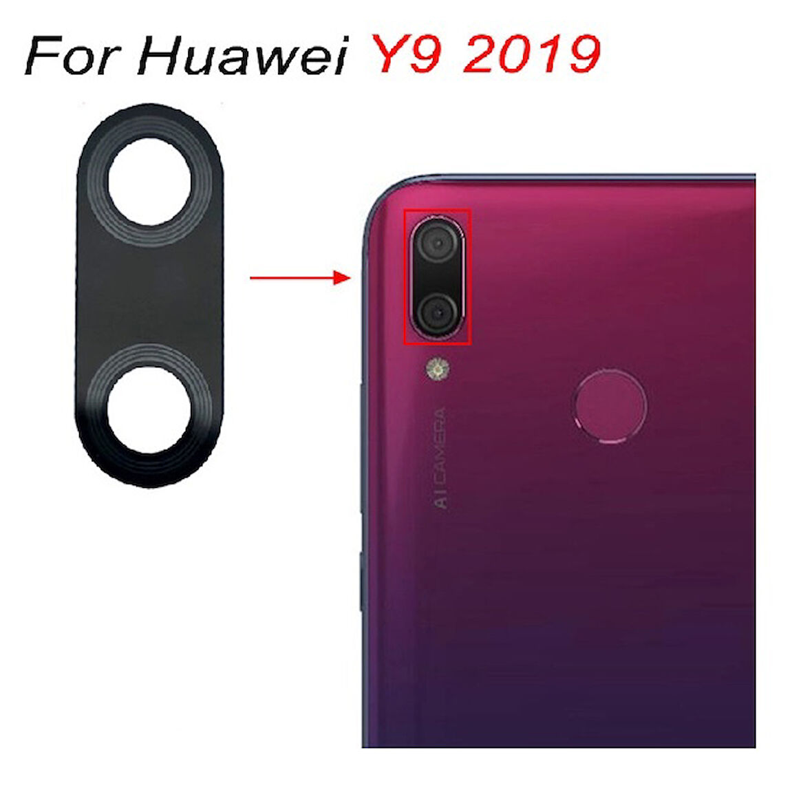 Huawei Uyumlu Y9 2019 Arka Kamera Camı Lens Yapışkanlı