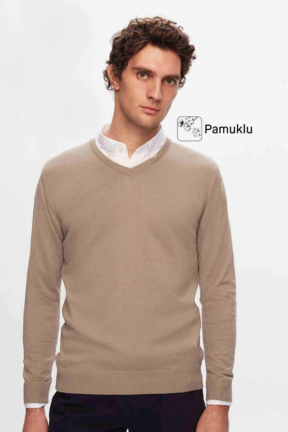 Regular Fit Bej Düz V Yaka Triko Kazak 5HF06ORT12003