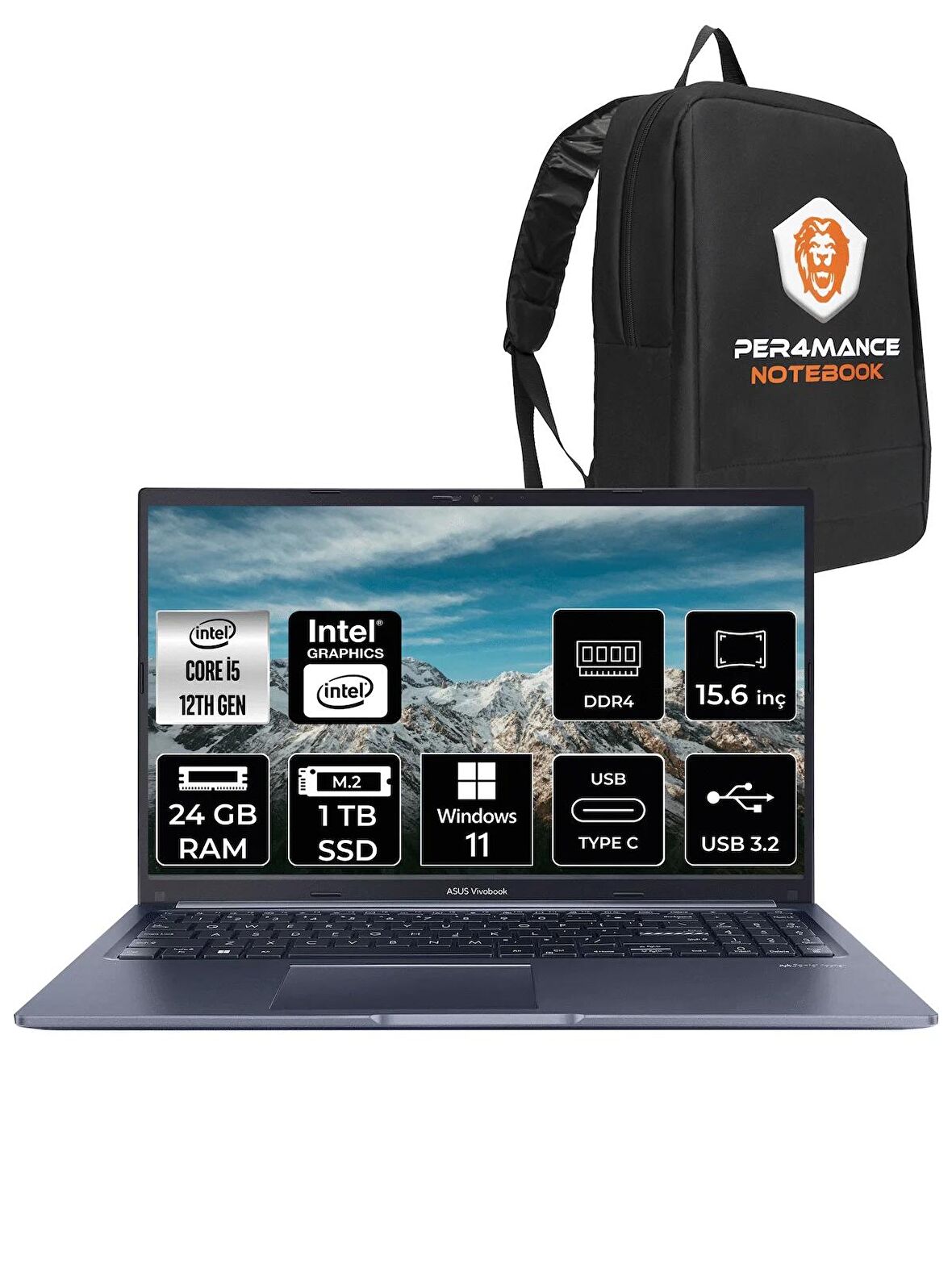 ASUS Vivobook 15 X5102ZA i5 1235U 24GB RAM 1TB SSD 15.6'' FHD W11PRO EJ1644  & PER4 ÇANTA