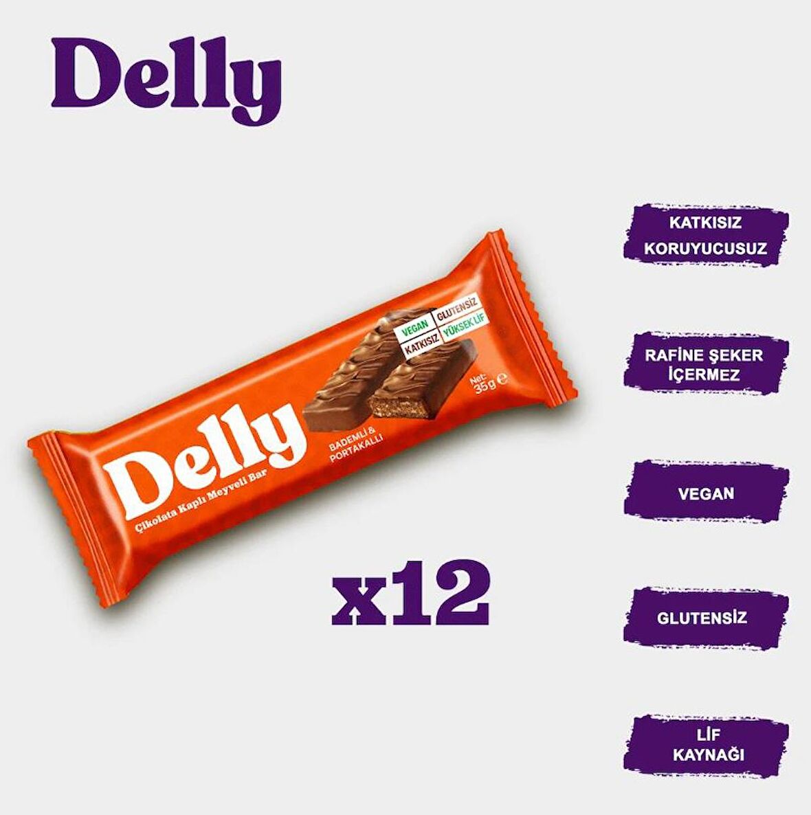 DELLY Çikolata Kaplı - Bademli & Portakallı Meyveli Bar 35g X 12 Adet