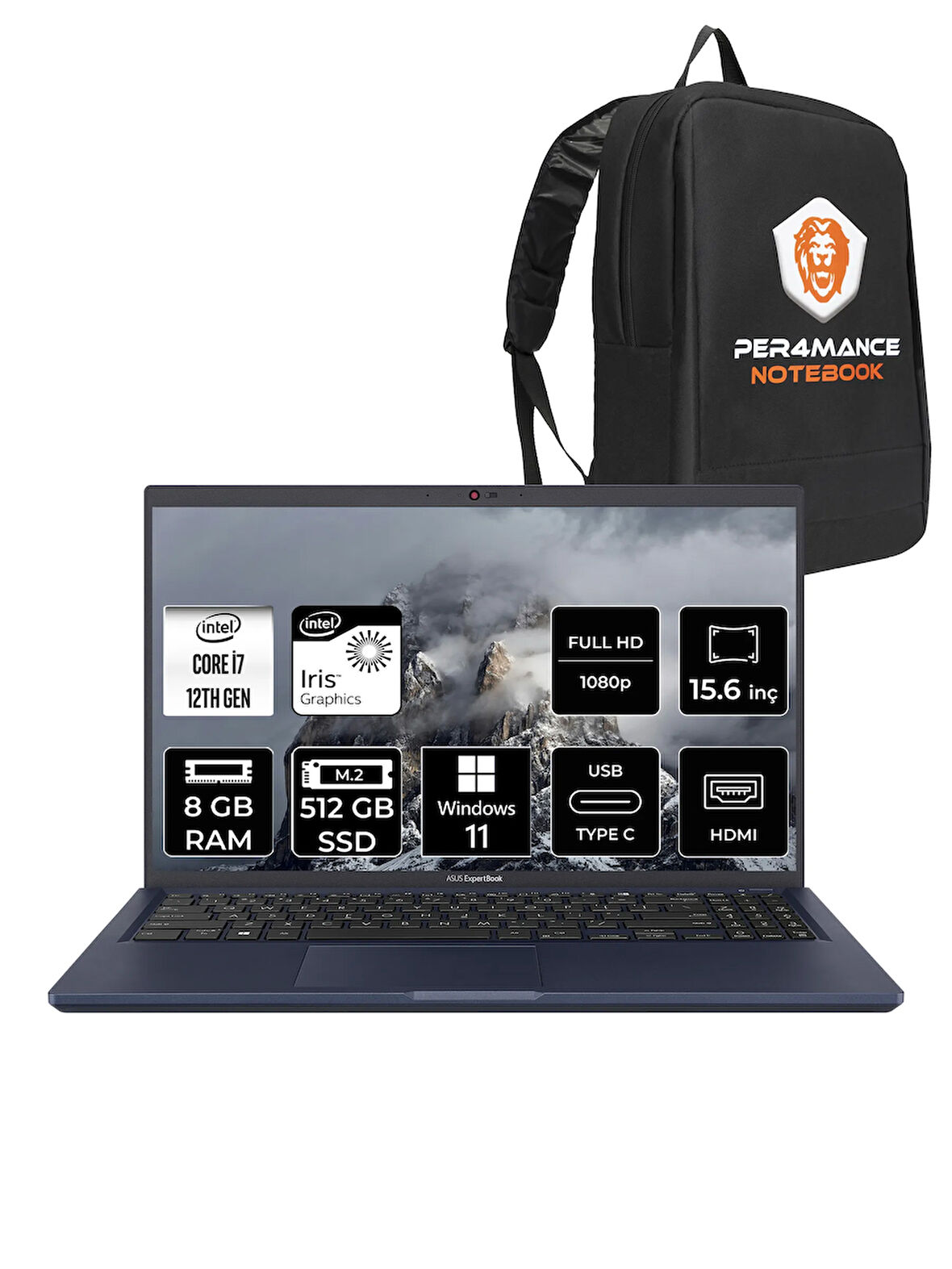 ASUS Expertbook B1 i7 1255U 8GB RAM 512GB SSD 15.6" FHD W11H Taşınabilir Bilgisayar & PER4 ÇANTA