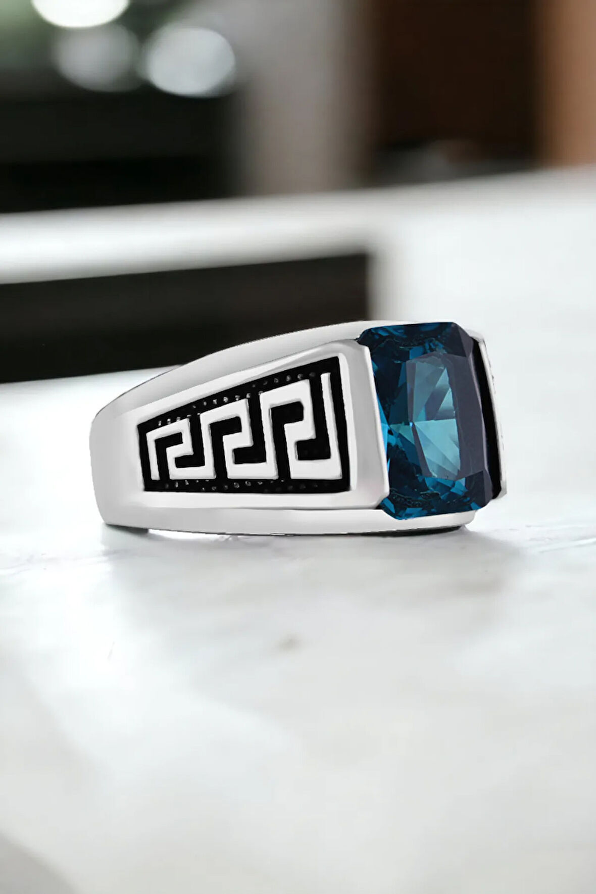 Erkek Gümüş Yüzük - Aquamarin Taşlı Kare Erkek Gümüş Yüzük