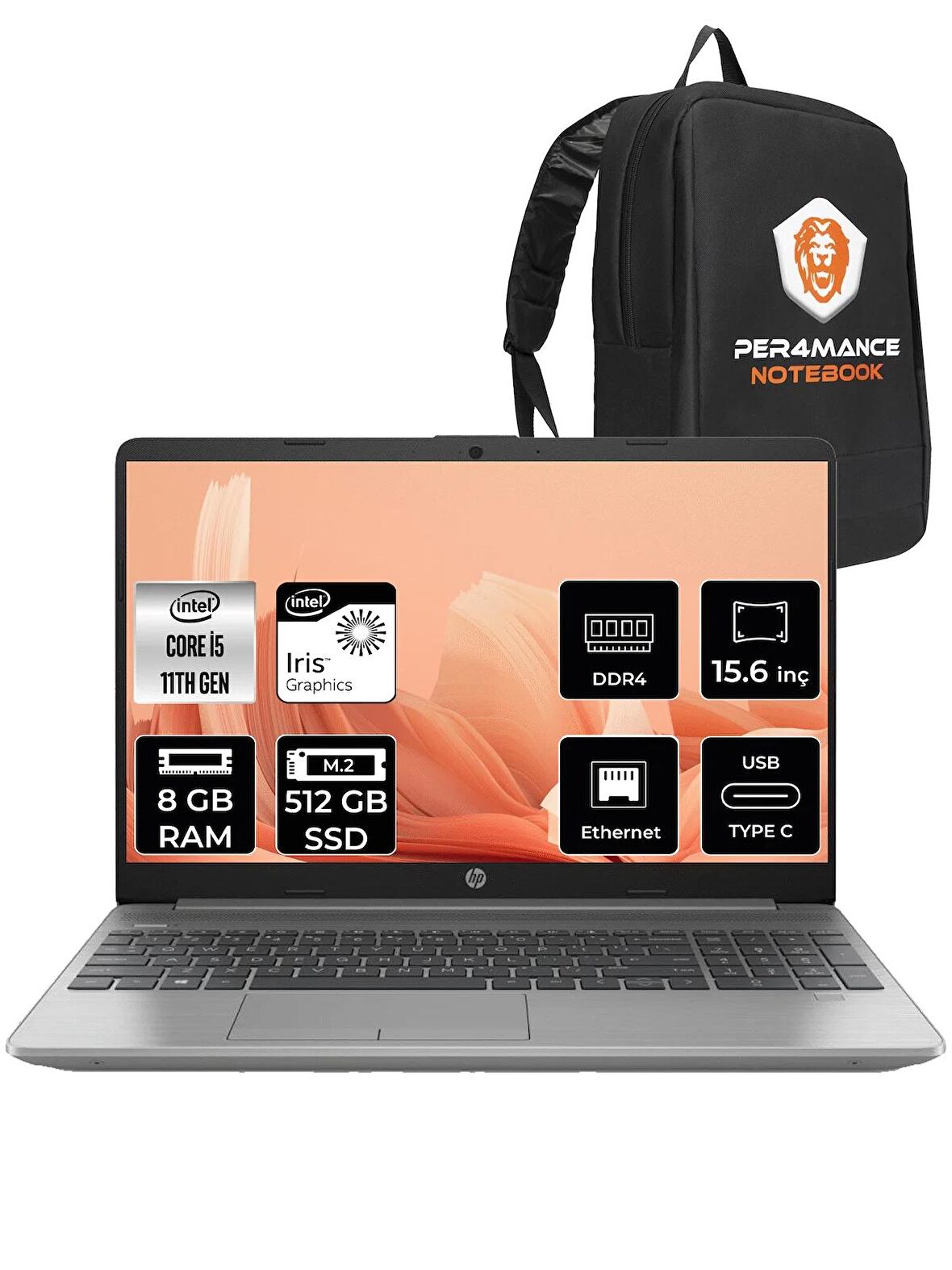 HP 250 G8 i5 1135G7 8GB RAM 512GB SSD 15.6'' FHD FDOS 853U8ES & PER4 ÇANTA