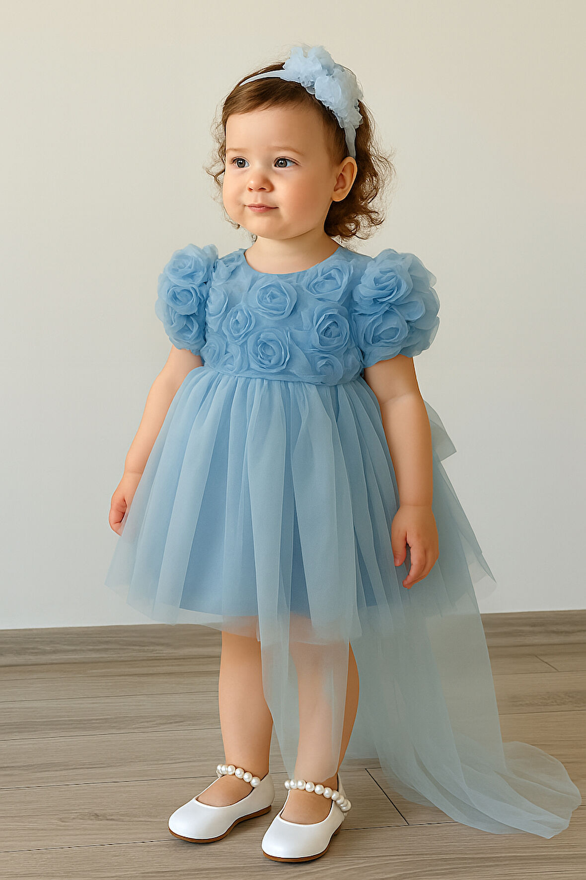 Kız Bebek Mavi Elbise Kısa Kollu Fiyonklu Doğum Günü Parti Düğün Özel Gün Tüllü Astarlı Prenses Parti Elbise 
