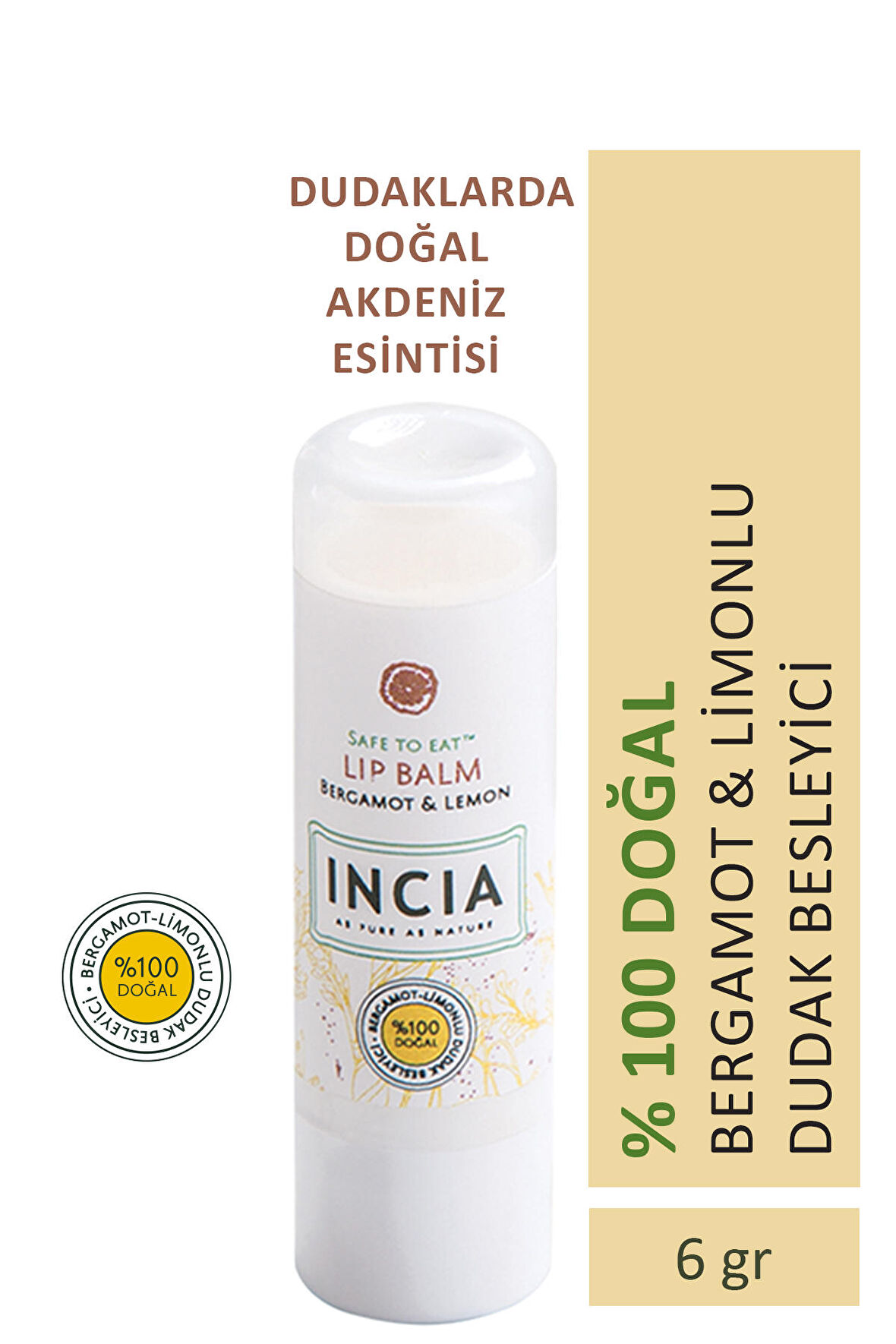 INCIA %100 Doğal Dudak Besleyici Bergamot & Limon Bitkisel Nemlendirici Dudak Bakım Kremi 6 G