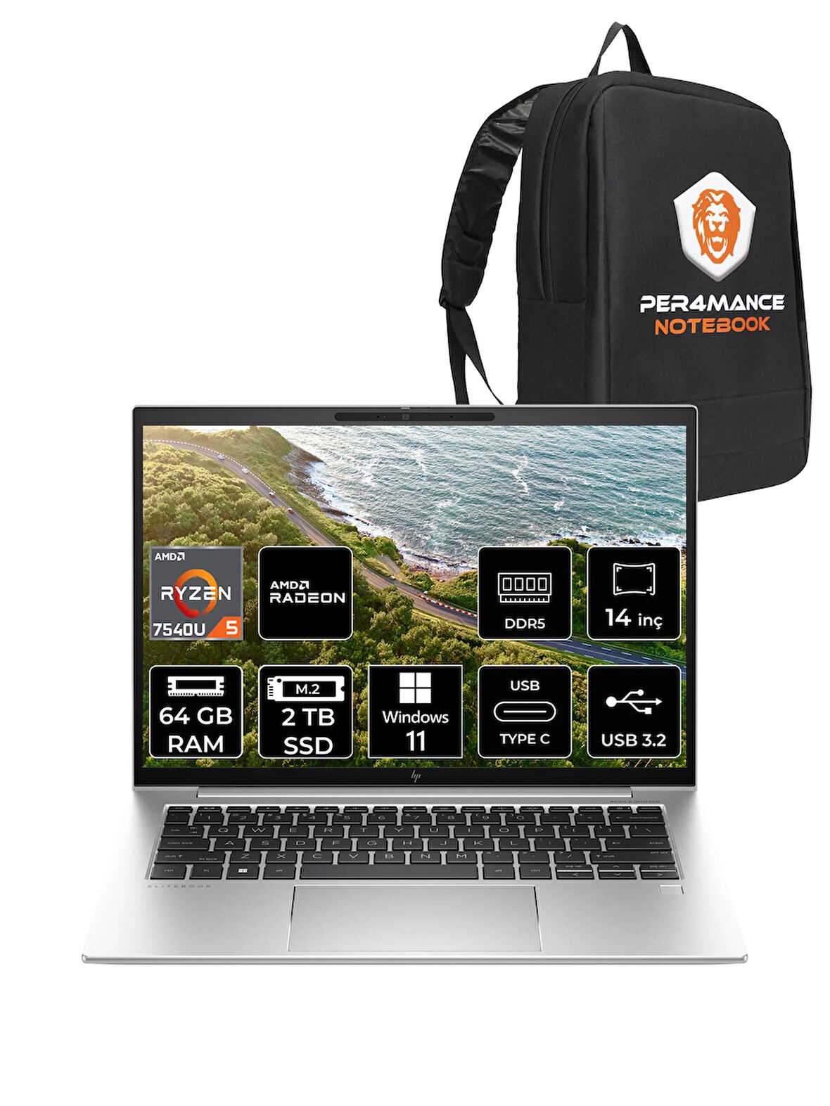 HP EliteBook 845 G10 R5 7540U 64GB DDR5 2TB SSD 14'' WUXGA W11P Dizüstü Bilgisayar & PER4 ÇANTA